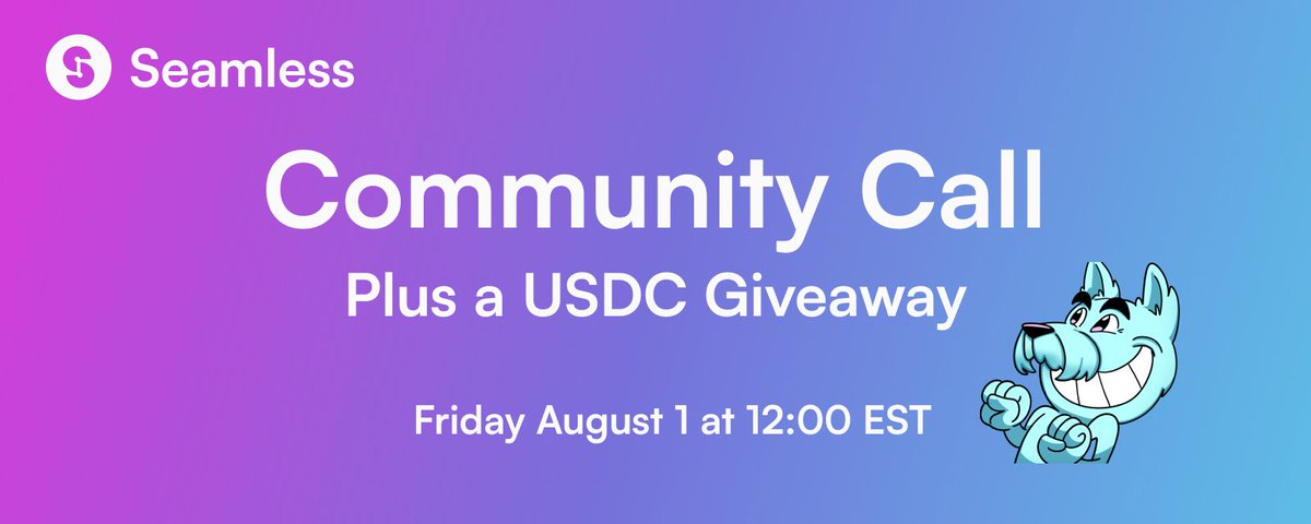 Don't miss the Seamless Community Call $ USDC Giveaway tomorrow! 🔮

Core contributors will be recapping Seamless news and performance in July and will be available to take your questions. Great questions qualify you for the USDC giveaway!

See you there: discord.com/channels/10378…