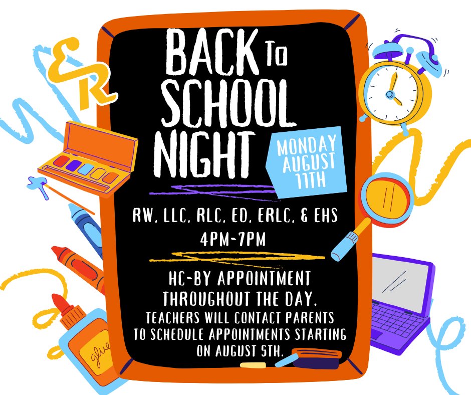 Back to School Night will be on Monday, August 11th.
Hillcrest teachers will contact parents starting on August 5th to scheduled appointments.
All other sites will be from 4-7pm.