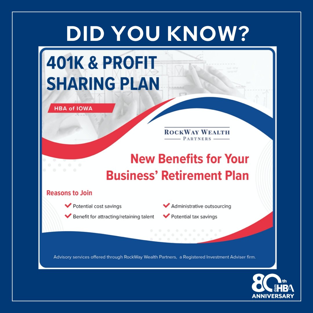 Did you know that one of the many benefits of being part of the DSMHBA is access to utilize the 401k &amp; Profit Sharing plan for your business? 

Learn more about this &amp; our other member benefits by clicking the link below. 

l8r.it/mWWl

#dsmhba #membership #benefits