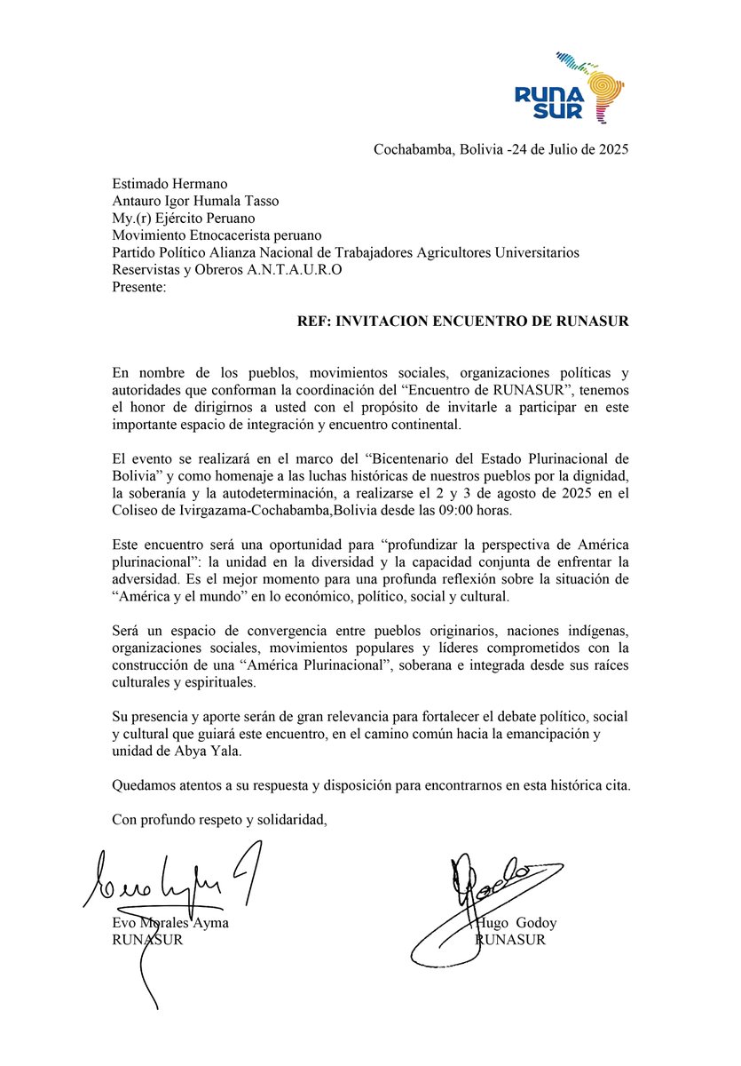 Compañero <a href="/evoespueblo/">Evo Morales Ayma</a>  quiero expresar mi más sincero agradecimiento por la honorable invitación a participar en el evento de #RUNASUR, celebrado en el corazón del Trópico de Cochabamba, tierra de dignidad y resistencia de nuestros pueblos.
