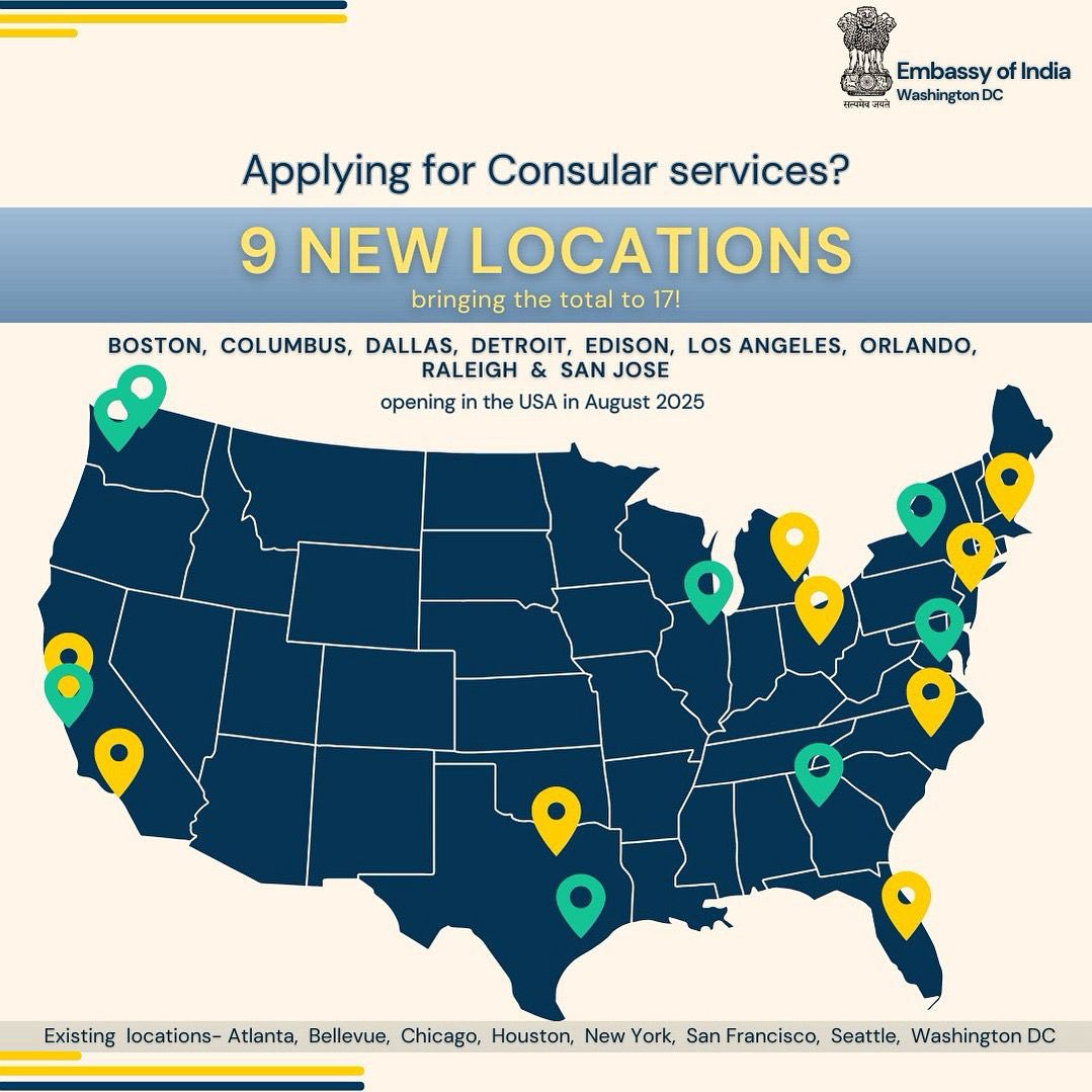 IndiainSeattle's tweet image. We are coming closer to you! 

We are opening 9 new Consular Application Centers (ICACs) in the USA in August, 2025, bringing the total to 17! New locations: 

📍Raleigh, Orlando, LA, San Jose, Dallas, Detroit, Columbus, Edison, Boston. 

#IndiaInUSA #ConsularService…