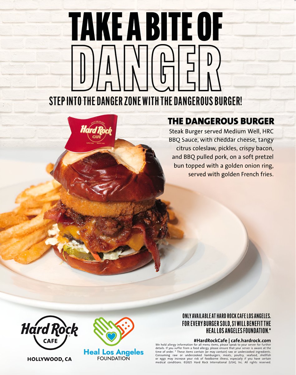 Sink your teeth into the “Dangerous Burger” at <a href="/HardRock/">Hard Rock Cafe</a> LA! 🍔

Every bite fuels Heal LA’s programs and helps us create real change for kids in our community.

📍 6801 Hollywood Blvd, Los Angeles, CA 90028