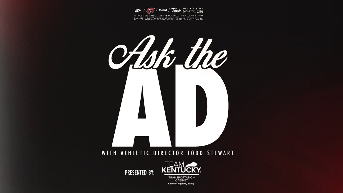 WKU Sports (@wkusports) on Twitter photo Athletic Director <a href="/ToddStewartWKU/">Todd Stewart</a> will be answering your questions in a new, monthly video series beginning in August.
Be sure to submit your questions here: bit.ly/SubmitAskTheAD
#GoTops | presented by <a href="/kyhighwaysafety/">KY Highway Safety</a> Athletic Director <a href="/ToddStewartWKU/">Todd Stewart</a> will be answering your questions in a new, monthly video series beginning in August.
Be sure to submit your questions here: bit.ly/SubmitAskTheAD
#GoTops | presented by <a href="/kyhighwaysafety/">KY Highway Safety</a>