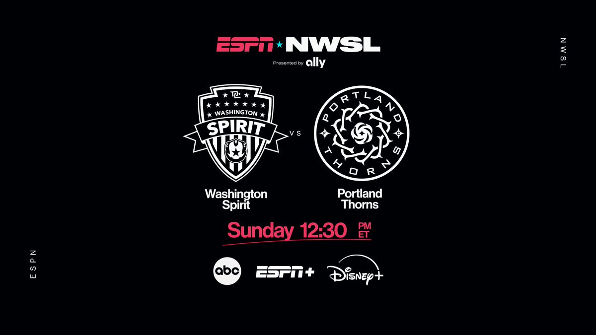 ESPN PR (@espnpr) on Twitter photo Sunday, the #NWSL returns from summer break across ESPN platforms & Disney+
⚽️ 12:30p ET | <a href="/WashSpirit/">Washington Spirit</a> vs <a href="/ThornsFC/">Portland Thorns FC</a>
Complete schedule: bit.ly/4lbFWr9 Sunday, the #NWSL returns from summer break across ESPN platforms & Disney+
⚽️ 12:30p ET | <a href="/WashSpirit/">Washington Spirit</a> vs <a href="/ThornsFC/">Portland Thorns FC</a>
Complete schedule: bit.ly/4lbFWr9