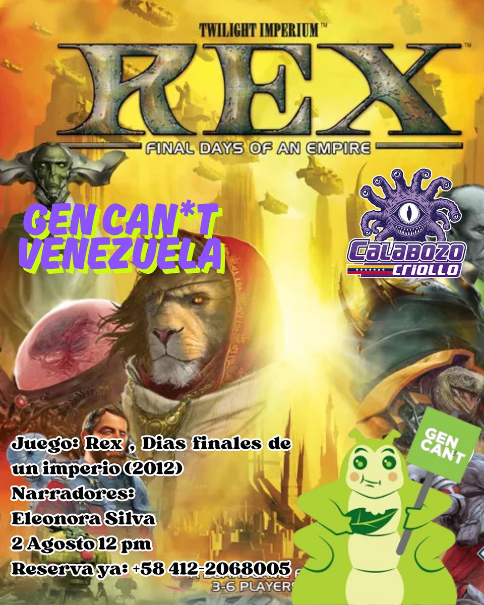Juega este fin de semana REX! la caida de un imperio!  en el GEN CAN´T Venezuela! juegos de mesa avanzados como si estuvieses en <a href="/Gen_Con/">Gen Con</a> con el #WEDOPLAY

Inscribete por Whatsapp +58 412-2068005
#boardgames
Ve los juegos que mostraremos aqui:
facebook.com/events/1799742…