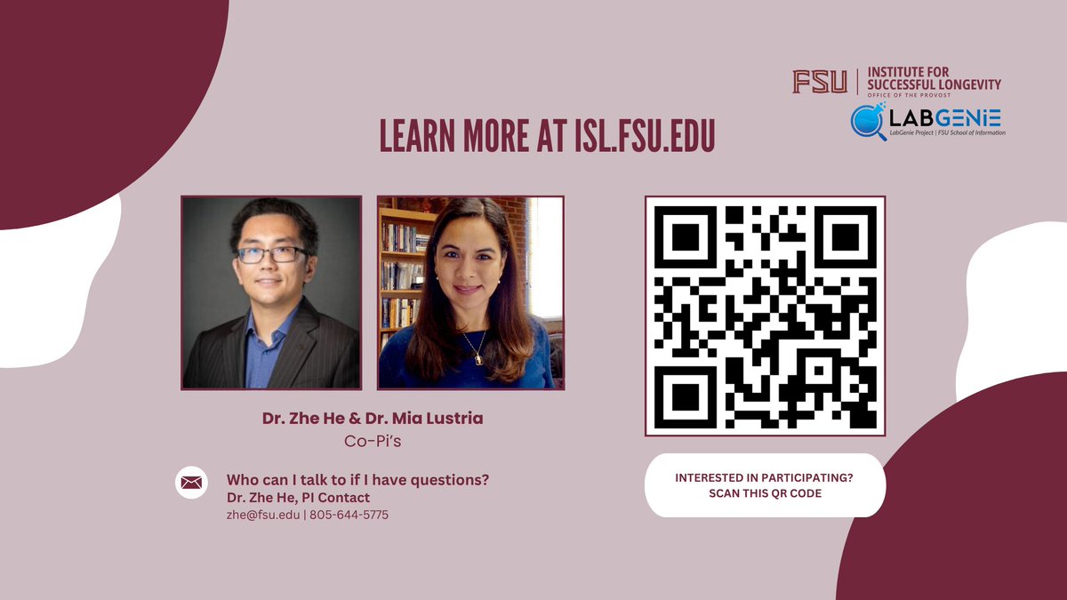 🧪 Ever felt overwhelmed reading your lab results?

Dr. Zhe He and Dr. Mia Lustria are working to change that.

Learn more + participate:
🔗fsu.qualtrics.com/jfe/form/SV_cM…

#FSUResearch #DigitalHealth #HealthyAging #LabGenie #ScienceForAll