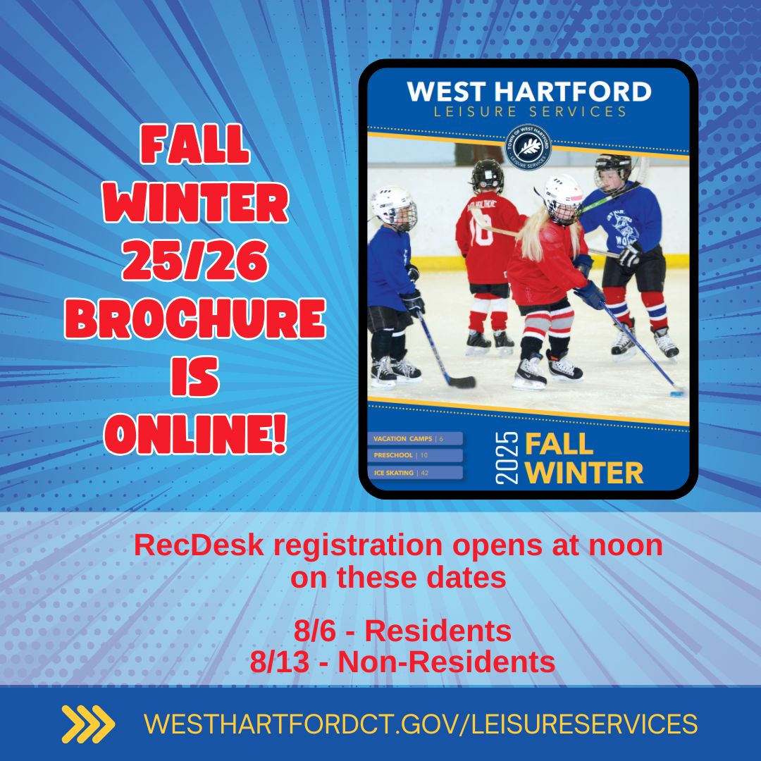 The new Fall/Winter 2025 Leisure Services brochure is now available for viewing on our website, westhartfordct.gov/town-departmen…. Registration opens on August 6th for residents and August 13th for non-residents through the RecDesk portal.