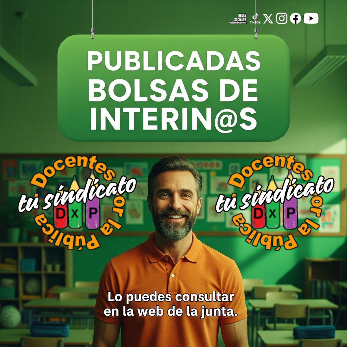 📢 ¡ATENCIÓN INTERIN@S! 🧑‍🏫👩‍🏫
Ya están PUBLICADAS LAS BOLSAS DE INTERIN@S para el próximo curso 📄📌
Consulta tu situación 📲 directamente en la WEB DE LA JUNTA 🖥️

👉 Desde DOCENTES POR LA PÚBLICA te mantenemos INFORMAD@S ✅
Porque ESTAMOS DONDE SE NOS NECESITA 💪🍊