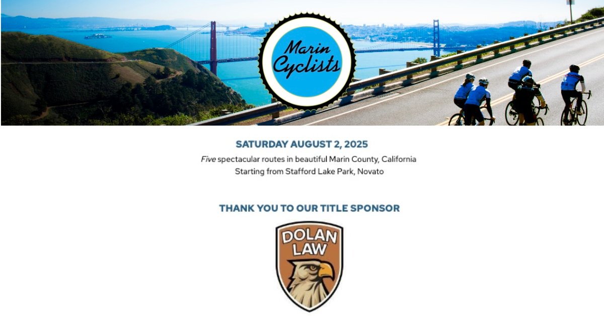 Dolan Law Firm (@thedolanlawfirm) on Twitter photo We don’t just sponsor <a href="/MarinCentury/">Marin Century</a>, we ride it!
Join us this Saturday as Title Sponsor for one of California’s best rides!
✅ Free bike swag
✅ Legal support for injured cyclists
⚠️ Limited on-site tickets available (first come, first served)
#MarinCentury2025 #BikeLaw We don’t just sponsor <a href="/MarinCentury/">Marin Century</a>, we ride it!
Join us this Saturday as Title Sponsor for one of California’s best rides!
✅ Free bike swag
✅ Legal support for injured cyclists
⚠️ Limited on-site tickets available (first come, first served)
#MarinCentury2025 #BikeLaw