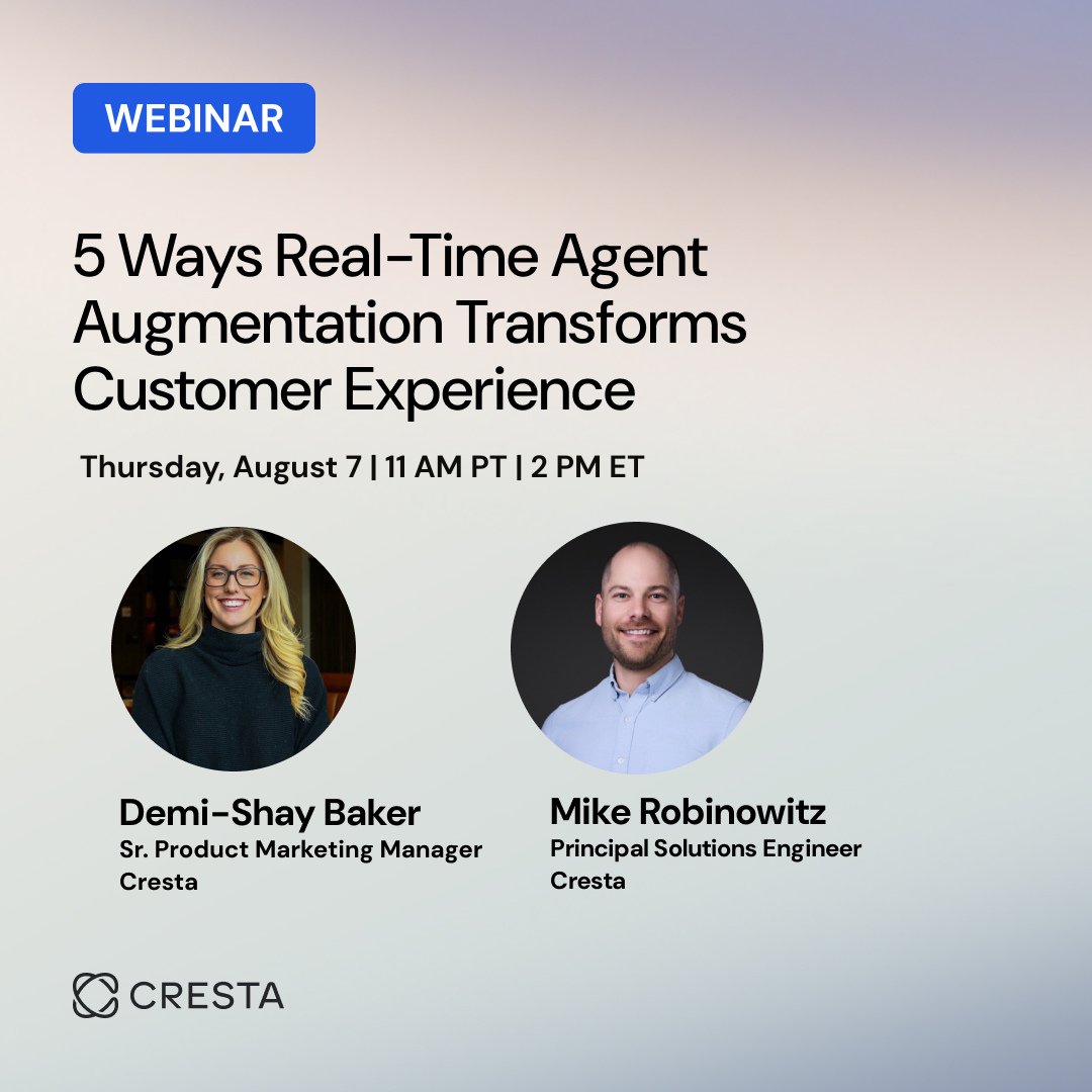 From faster resolutions to smarter personalization, real-time agent augmentation is transforming #CX. Join our webinar on Aug 7 at 11 AM PT for the top strategies that deliver real ROI.

📍 Register here: cresta.com/webinars/5-rea…