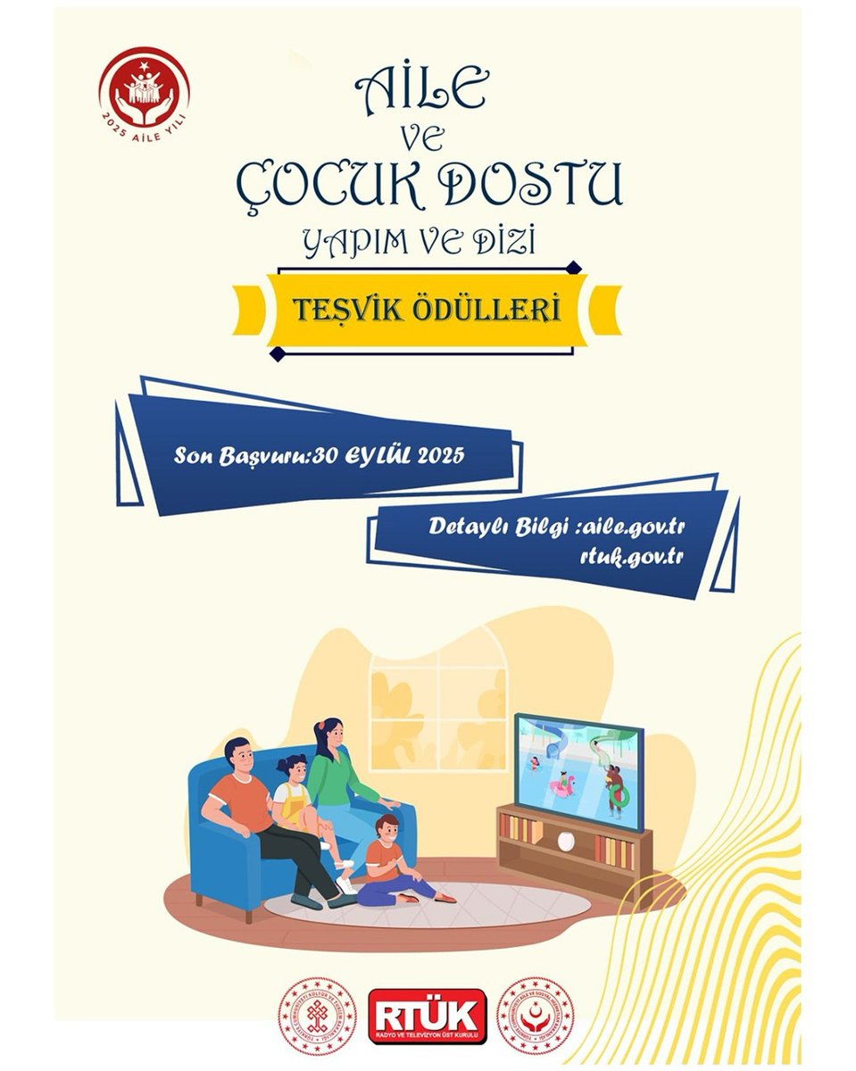 📢 Aile yapısını güçlendiren ve çocukların gelişimini destekleyen dizi, film ve programları teşvik ediyoruz.

📌 Bakanlığımız ile RTÜK iş birliğinde, Kültür ve Turizm Bakanlığımızın katkılarıyla aile bütünlüğünü ve çocukların gelişimini destekleyen yapım ve dizileri