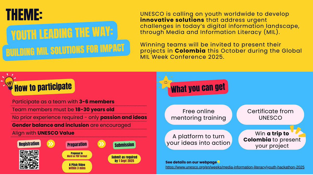unescoghnatcom's tweet photo. Are you ready to make an impact? 
UNESCO is calling on all youth aged 18 to 30 to collaborate, innovate, and lead with their ideas. 

Join the 2025 Global Youth Hackathon, develop innovative Media and Information Literacy (MIL) projects, and present at the Global MIL Week Conference in Colombia. 

📍Register now: https://t.co/L6MHRYPIOD
✅For more details, visit : https://t.co/pay5Av5JOK
📅Submission deadline: 1 September 2025

#GlobalMILWeek  
#MediaandInfoLiteracy