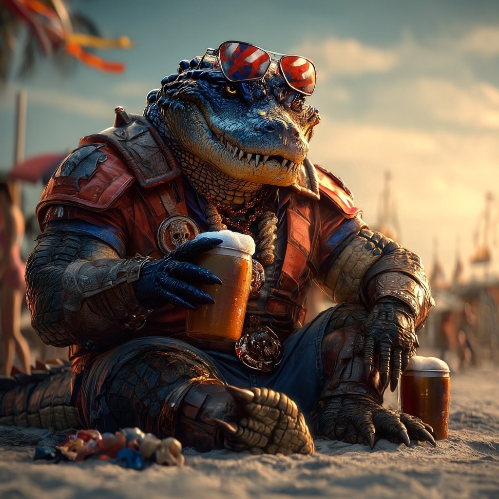 Alright my fellow citizens of X!  

My bud is back on leave from Alligator Alcatraz and relaxing on the beach at Grand Isle!  

Here’s the next installment of my AI art series ‘Louisiana Life’.  This one is called ‘Beach Therapy’.   Hope you all enjoy!