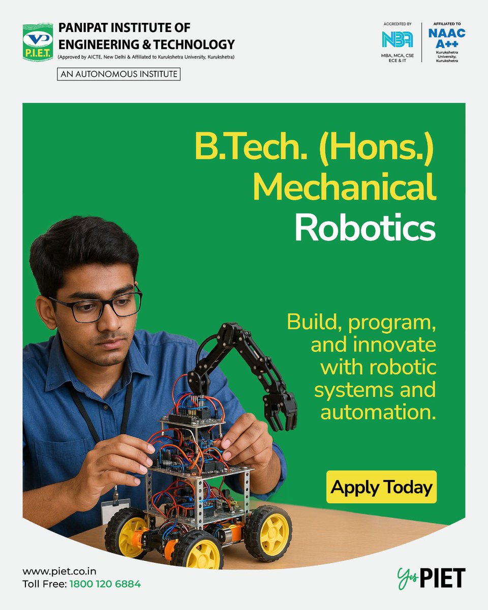 PIETPanipat's tweet image. Build the future with robotics! 

Join B.Tech (Hons.) Mechanical – Robotics at PIET and dive into innovation, programming, and automation.

#RoboticsEngineering #MechanicalRobotics #BTechHons #InnovationInTech #FutureEngineers #PIET #Automation #STEMEducation