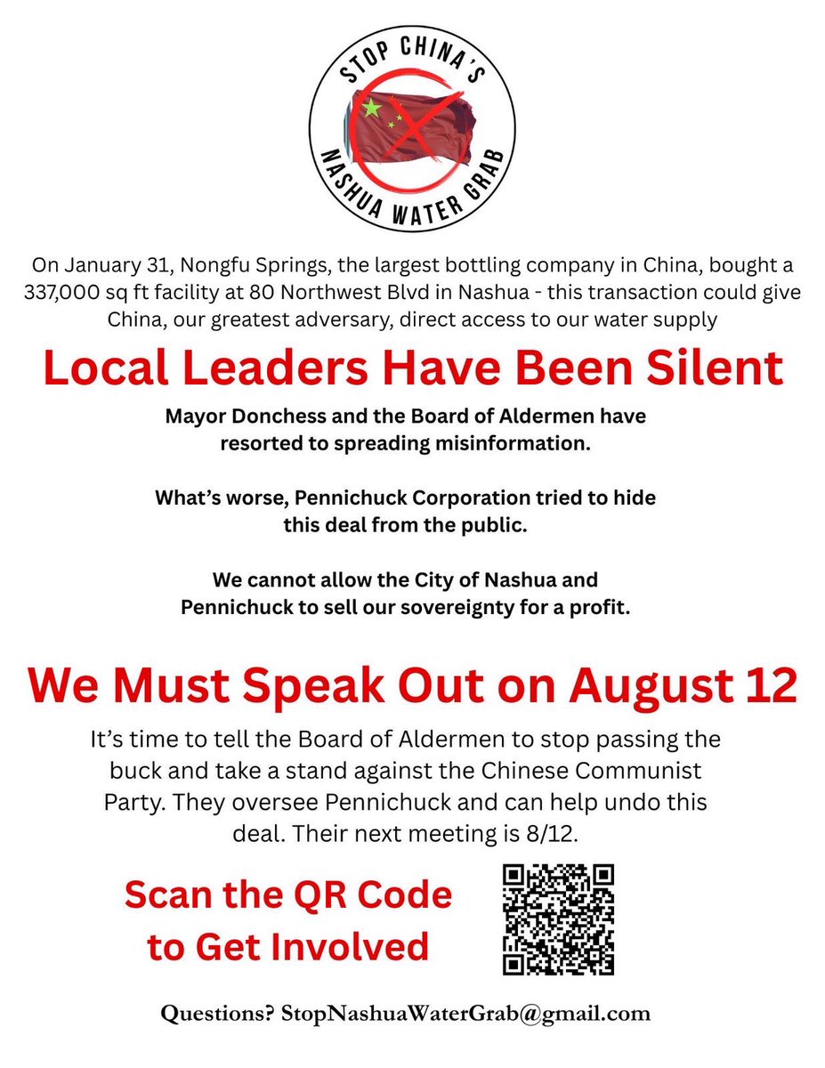 Bronwyn S / NH State Leader for #WalkAway (@bbsfreedom1) on Twitter photo Get involved and tell
Local NH leaders we will not stand for this ! See the photo for more information!Stop China’s Nashua water grab! Speak up and ask questions! <a href="/Lily4Liberty/">Lily Tang Williams</a> <a href="/SenScottBrown/">Scott P. Brown</a> <a href="/daninnis/">Dan Innis</a> <a href="/victoria4nh/">Victoria Sullivan</a> <a href="/WHLeavitt/">𝔉🅰𝒏 Karoline Leavitt</a> <a href="/PressSec/">Karoline Leavitt</a> <a href="/POTUS/">President Donald J. Trump</a> <a href="/thewhitehouse_u/">The White House Updates</a> <a href="/Citizensdogeusa/">Citizensdoge</a> Get involved and tell
Local NH leaders we will not stand for this ! See the photo for more information!Stop China’s Nashua water grab! Speak up and ask questions! <a href="/Lily4Liberty/">Lily Tang Williams</a> <a href="/SenScottBrown/">Scott P. Brown</a> <a href="/daninnis/">Dan Innis</a> <a href="/victoria4nh/">Victoria Sullivan</a> <a href="/WHLeavitt/">𝔉🅰𝒏 Karoline Leavitt</a> <a href="/PressSec/">Karoline Leavitt</a> <a href="/POTUS/">President Donald J. Trump</a> <a href="/thewhitehouse_u/">The White House Updates</a> <a href="/Citizensdogeusa/">Citizensdoge</a>