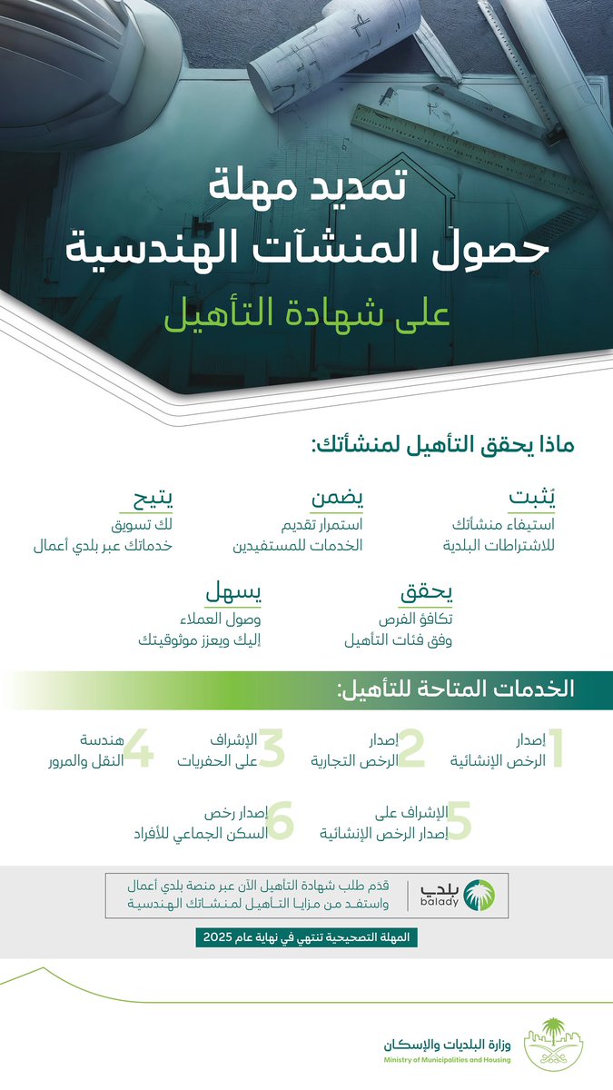 انطلاقًا من حرص الوزارة على رفع كفاءة القطاع الهندسي وتمكينه من تقديم خدماته وفق الضوابط المعتمدة، نعلن عن تمديد المهلة التصحيحية لحصول المنشآت الهندسية على شهادة التأهيل حتى نهاية عام 2025م.

قدّم طلب الشهادة الآن عبر منصة "بلدي أعمال" : balady.gov.sa/ar/services/%D…