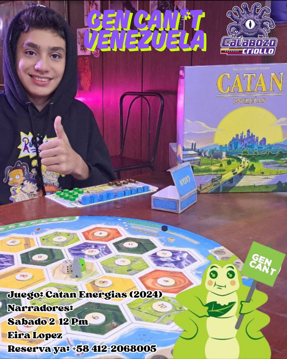 Juega este fin de semana CATAN ENERGIAS la nueva versión ecológica del clásico juego!  en el GEN CAN´T Venezuela! juegos de mesa avanzados como si estuvieses en <a href="/Gen_Con/">Gen Con</a> con el #WEDOPLAY

Inscríbete por Whatsapp +58 412-2068005
#boardgames
facebook.com/events/1799742…