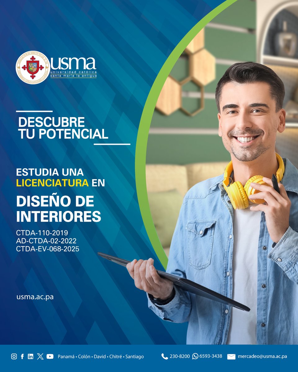 USMA Panamá (@usmapanama) on Twitter photo 🎓 ¡Inscríbete este 3er cuatrimestre en la USMA!
Creatividad e innovación te esperan en la Facultad de Arquitectura y Diseño.
Estudia:
👗Diseño y Mercadeo de Modas | 🎨 Diseño Gráfico | 🏛️ Arquitectura | 🏠 Diseño de interiores
📩 mercadeo@usma.ac.pa | 📲 6593-3438 🎓 ¡Inscríbete este 3er cuatrimestre en la USMA!
Creatividad e innovación te esperan en la Facultad de Arquitectura y Diseño.
Estudia:
👗Diseño y Mercadeo de Modas | 🎨 Diseño Gráfico | 🏛️ Arquitectura | 🏠 Diseño de interiores
📩 mercadeo@usma.ac.pa | 📲 6593-3438