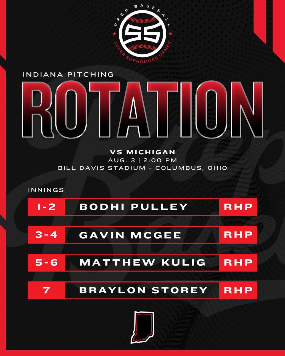 #𝗠𝗪𝗦𝗦𝗚𝟮𝟱 𝗣𝗶𝘁𝗰𝗵𝗶𝗻𝗴 𝗥𝗼𝘁𝗮𝘁𝗶𝗼𝗻 📋

Friday vs Illinois, 5:00 PM
Friday vs Canada, 8:00 PM
Saturday vs Ohio, 12:00 PM
Sunday vs Michigan, 2:00 PM

🔗 loom.ly/K9-pB7s || #TeamIndiana