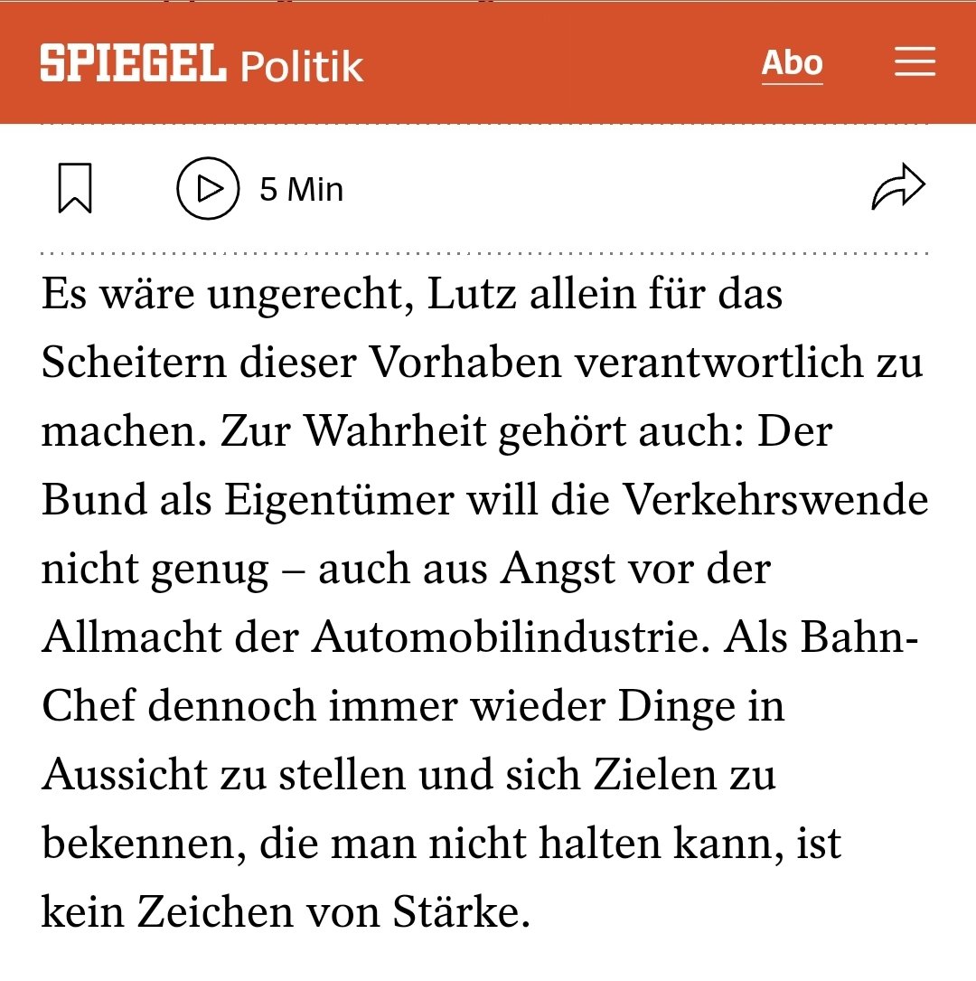 Leider wahr was <a href="/Schurnalischt/">Serafin Reiber</a> hier feststellt: "Der Bund als Eigentümer [der Deutschen Bahn] will die Verkehrswende nicht genug - auch aus Angst vor der Allmacht der Automobilindustrie!" 

spiegel.de/politik/deutsc…