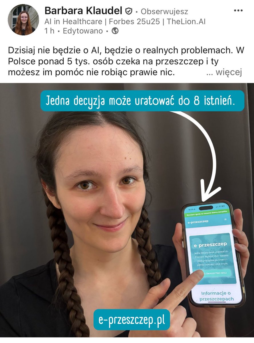 Michał Podlewski (@trajektoriaai) on Twitter photo Świetni ludzie, twórcy m. in. medycznych AI rozwiązań <a href="/AlexObuchowski/">Aleksander Obuchowski</a> i <a href="/BasiaKlaudel/">Basia Klaudel</a> (o których wspomnę tu jeszcze nie raz) wraz z Akademią Medycznych i Społecznych Nauk Stosowanych opracowali aplikację e-Przeszczep - warto się tym tematem zainteresować.
x.com/alexobuchowski… Świetni ludzie, twórcy m. in. medycznych AI rozwiązań <a href="/AlexObuchowski/">Aleksander Obuchowski</a> i <a href="/BasiaKlaudel/">Basia Klaudel</a> (o których wspomnę tu jeszcze nie raz) wraz z Akademią Medycznych i Społecznych Nauk Stosowanych opracowali aplikację e-Przeszczep - warto się tym tematem zainteresować.
x.com/alexobuchowski…