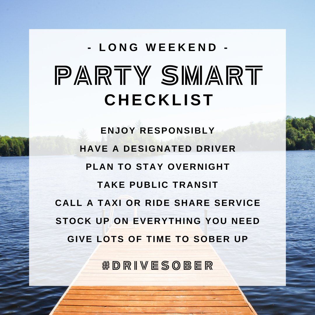 Hey Ontario! #PartySmart this long weekend by planning ahead and using this checklist! ✅ Whether you’re staying at home, heading to the cottage or a patio, there are always better alternatives than driving impaired. Thanks for enjoying responsibly, and have a great long weekend!