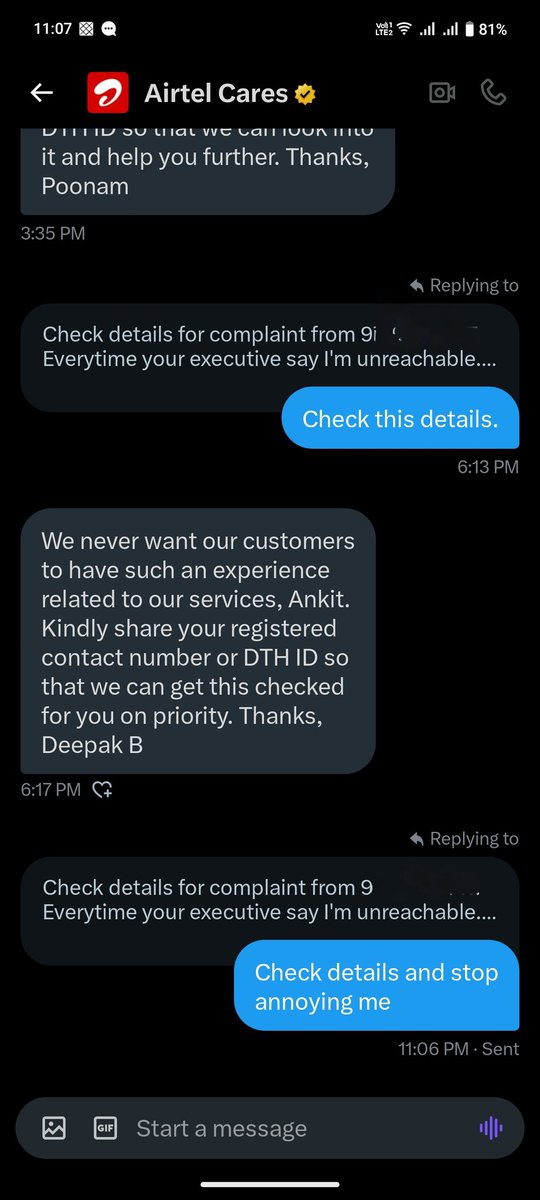 ankittamhane's tweet photo. @airtelnews @airtelindia @Airtel_Presence
See this level or pathetic service. In spite of checking details, again and again just asking for the details that are already being shared. Only time waste. Worst company is #airtel
#fraud #ScamWarning #PoorService #viraltweet #help https://t.co/Sol9feyyoK