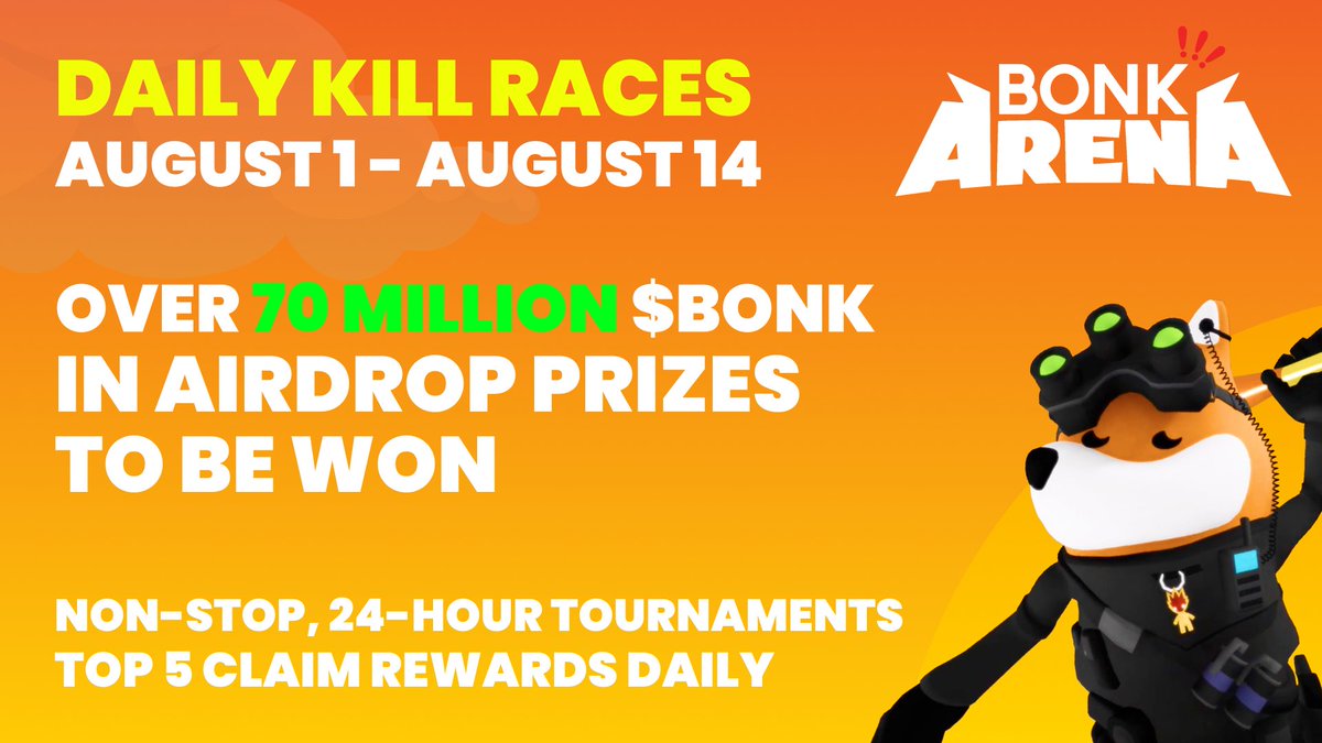 Get your claws & paws ready the @BONKArenaGame 24hr Kill Race is about to  begin... Drop in. Rack kills. Claim your $BONK. Top 5 get paid. The rest  fall. 14 days. 14