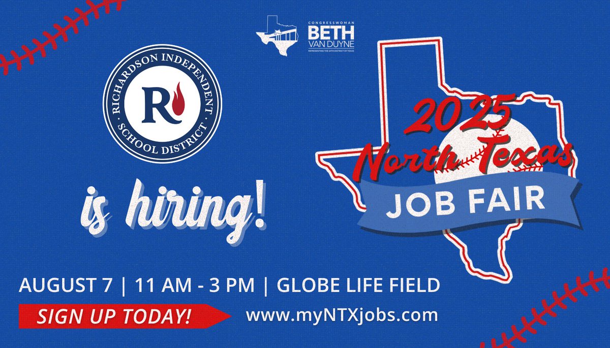RichardsonISD's tweet photo. Interested in joining #TeamRISD? We'll be at the 2025 North Texas Job Fair on Thursday, August 7 from 11 AM - 3 PM and hiring for a variety of classroom and support roles. 

☑️ Sign up to attend and learn more: https://t.co/xXYPUtiSRE https://t.co/YmaoUGE3oY