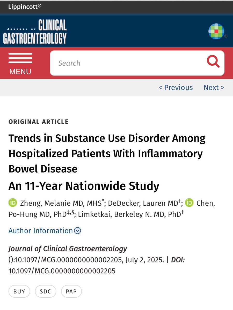 UCLA Gastroenterology and Hepatology (@uclagihep) on Twitter photo Trends in Substance Use Disorder (SUD) Among Hospitalized Patients w/IBD 🔖 <a href="/JCGjournal/">JCG Online</a> shows SUD among #IBD patients ⬆️over time w/predominant substances shifting from alcohol to opioids & cannabis.
👥<a href="/berkeleydoc/">Berkeley Limketkai</a> <a href="/drdedeck/">Lauren DeDecker MD</a> <a href="/pohungVChen/">Po-Hung (Victor) Chen</a> et al
👉journals.lww.com/jcge/fulltext/… Trends in Substance Use Disorder (SUD) Among Hospitalized Patients w/IBD 🔖 <a href="/JCGjournal/">JCG Online</a> shows SUD among #IBD patients ⬆️over time w/predominant substances shifting from alcohol to opioids & cannabis.
👥<a href="/berkeleydoc/">Berkeley Limketkai</a> <a href="/drdedeck/">Lauren DeDecker MD</a> <a href="/pohungVChen/">Po-Hung (Victor) Chen</a> et al
👉journals.lww.com/jcge/fulltext/…