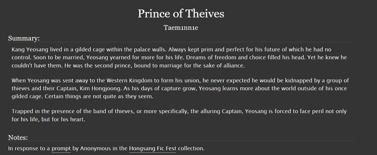 Prince of Thieves by Taem1nn1e
HcngScng-centric  
Prince Yecscng
Thief Hcngjccng
Thieves 8tz
Kidnapping
Violence
Ys falls first, Hj falls harder

archiveofourown.org/works/64284943

Fic for <a href="/H0NGSANGFEST/">1-800-H0NGSANG</a>