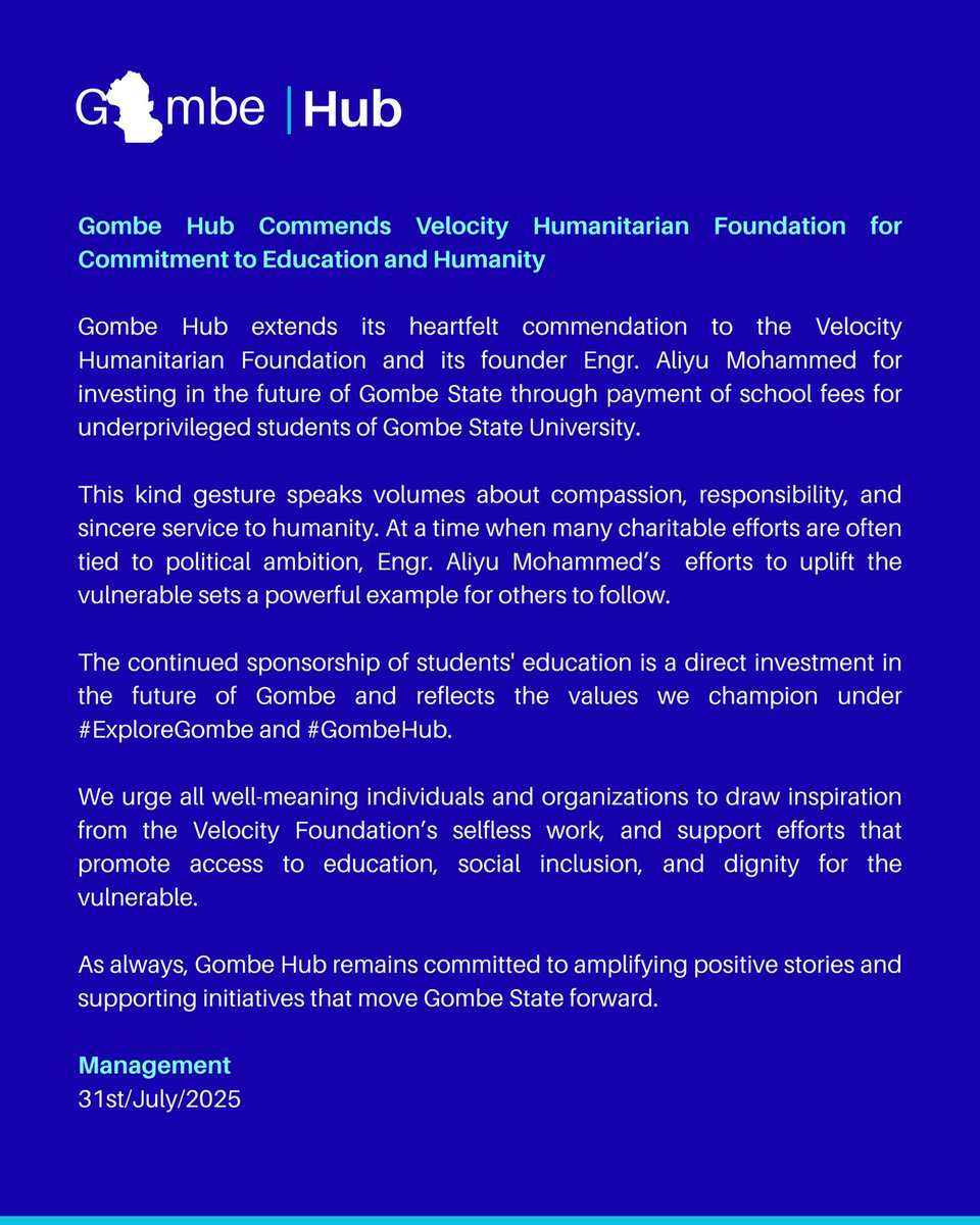 Gombe Hub Applauds Velocity Humanitarian Foundation  for Supporting Underprivileged Students in Gombe State University, Gombe Nigeria