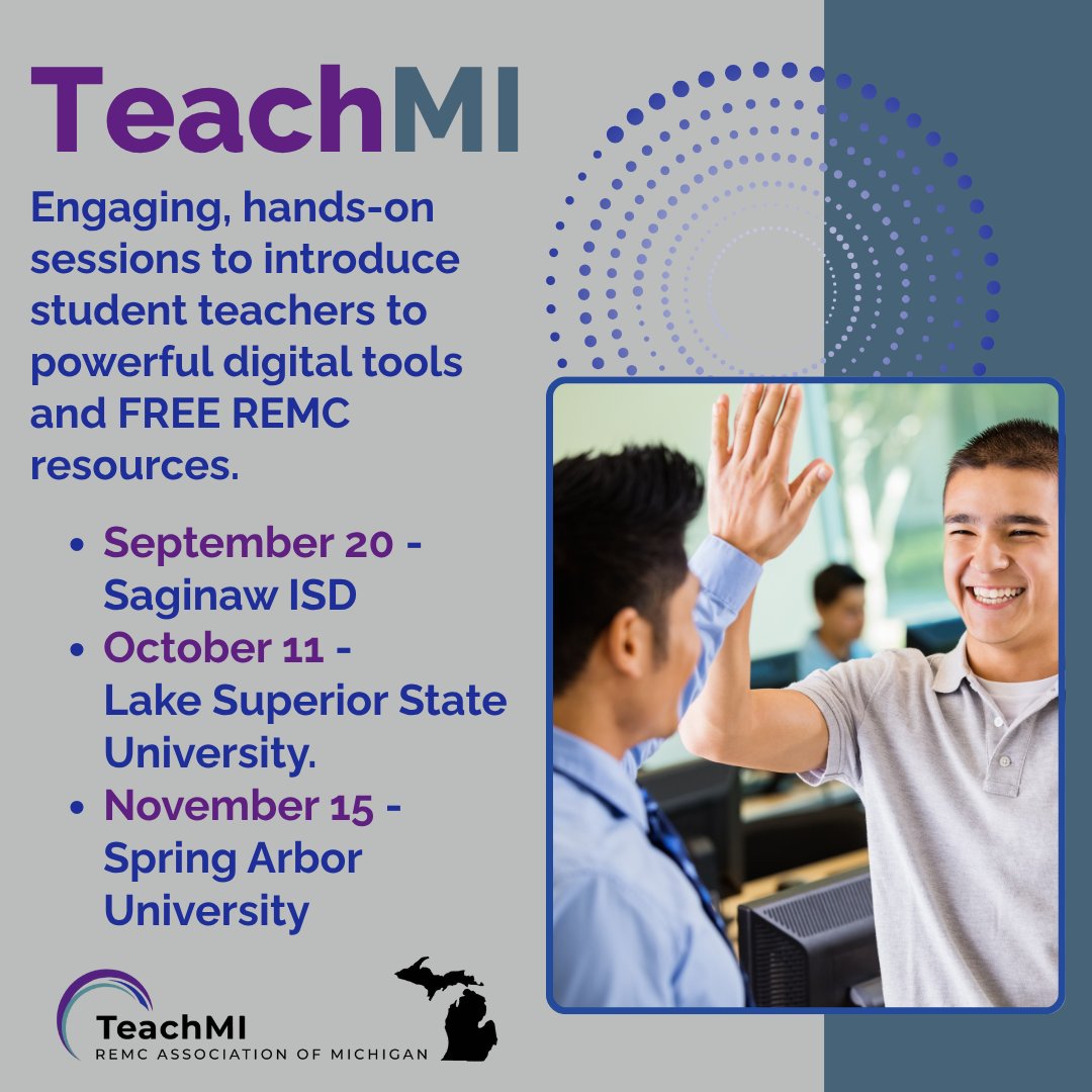 Calling all student teachers! Dates &amp; locations have been set for these exciting hands-on TeachMI summits. Register and explore with drones, podcasting, VR, esports &amp; more! Learn about FREE REMC resources and jumpstart your teaching career! bit.ly/registerteachmi