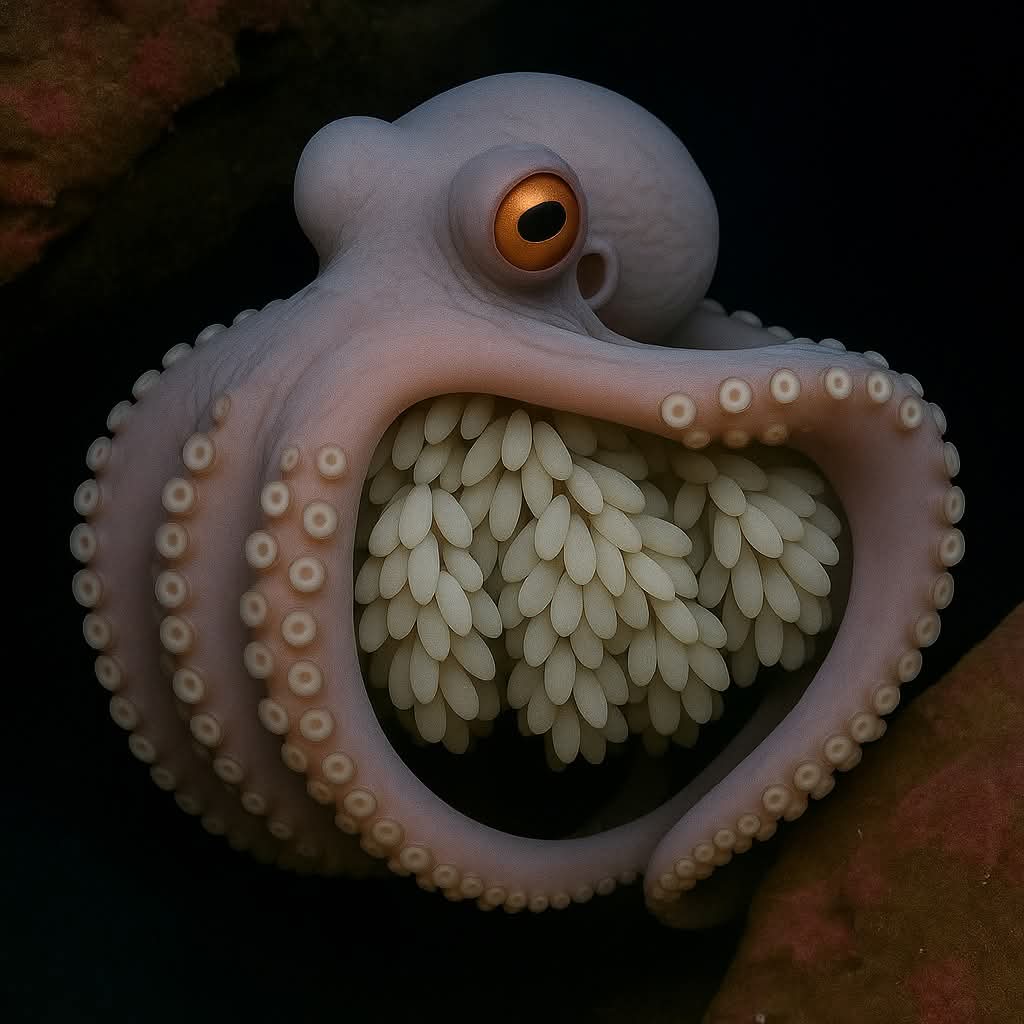 In fondo all’oceano, dove la pressione potrebbe schiacciare un’auto e il freddo gelerebbe il sangue in pochi minuti,
una madre si rifiuta di muoversi.

Questa è Muusoctopus robustus,
rannicchiata in una fessura di roccia vulcanica,
avvolta strettamente attorno a una covata di
