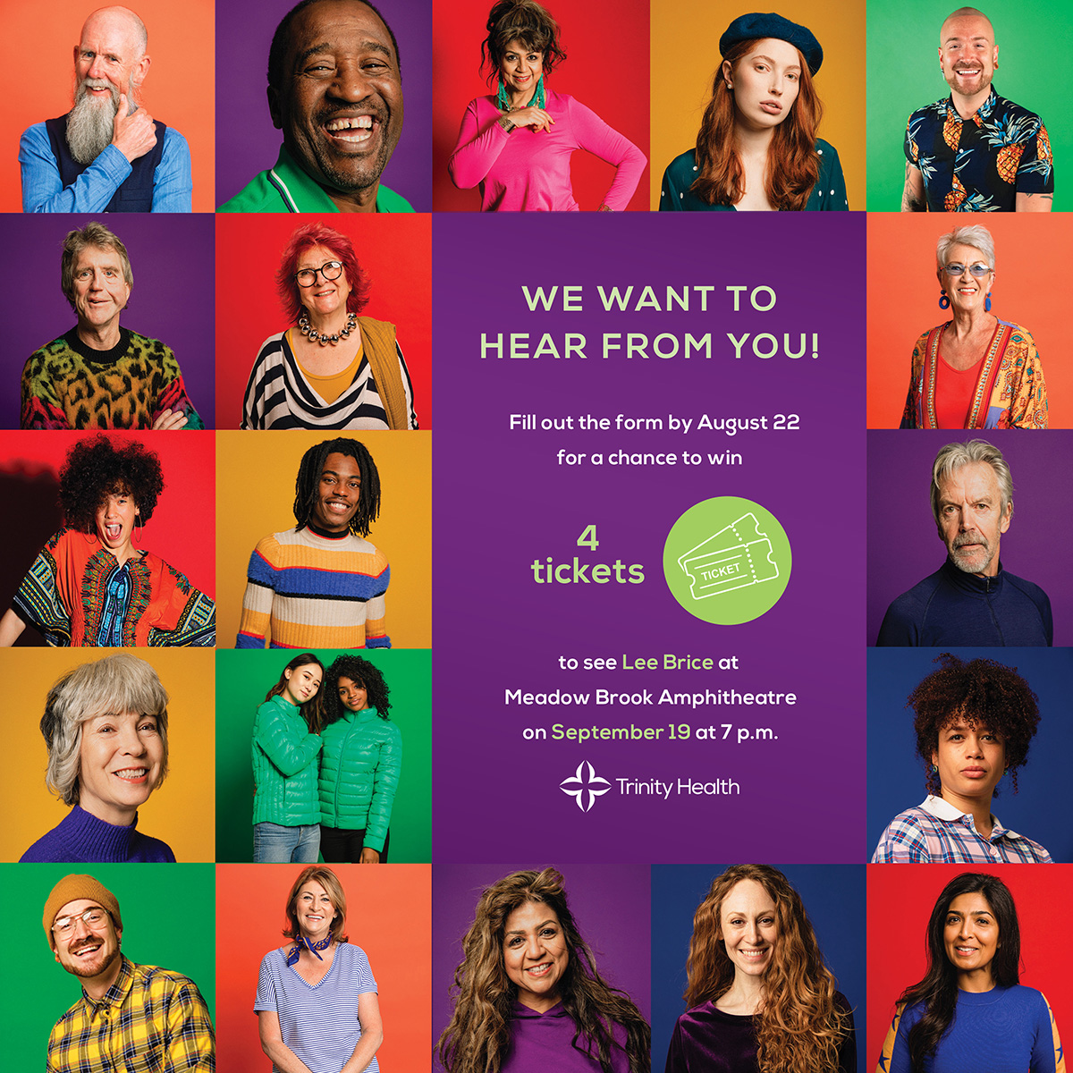 Trinity Health MI (@trinityhealthmi) on Twitter photo We want to hear from you! What kind of health tips, stories, or updates do you want to see more of on our social media? Share your thoughts by Aug. 22 and enter to win Lee Brice tickets at <a href="/MeadowBrookAmp/">Meadow Brook Amphitheatre</a> on Sept. 19! Fill our the form today at bit.ly/451nZW0 We want to hear from you! What kind of health tips, stories, or updates do you want to see more of on our social media? Share your thoughts by Aug. 22 and enter to win Lee Brice tickets at <a href="/MeadowBrookAmp/">Meadow Brook Amphitheatre</a> on Sept. 19! Fill our the form today at bit.ly/451nZW0