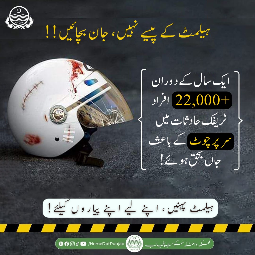 homedptpunjab's tweet photo. ہیلمٹ کے پیسے نہیں جان بچائیں! ایک سال کے دوران پنجاب میں 22000 سے زائد افراد ٹریفک حادثات میں سر پر چوٹ کے باعث جاں بحق ہوئے۔
ہیلمٹ پہنیں، اپنے لئے اپنے پیاروں کیلئے!!
#WearAHelmet #RoadSafety #DriveSafe #RideSafe #RideForLife #RoadSafetyFirst #NoHelmetNoRide #Publicservice #GOP #Punjab #Home #Peace #Safety #Security #LawAndOrder #ForYou #Fyp #OnThisDay #Lahore