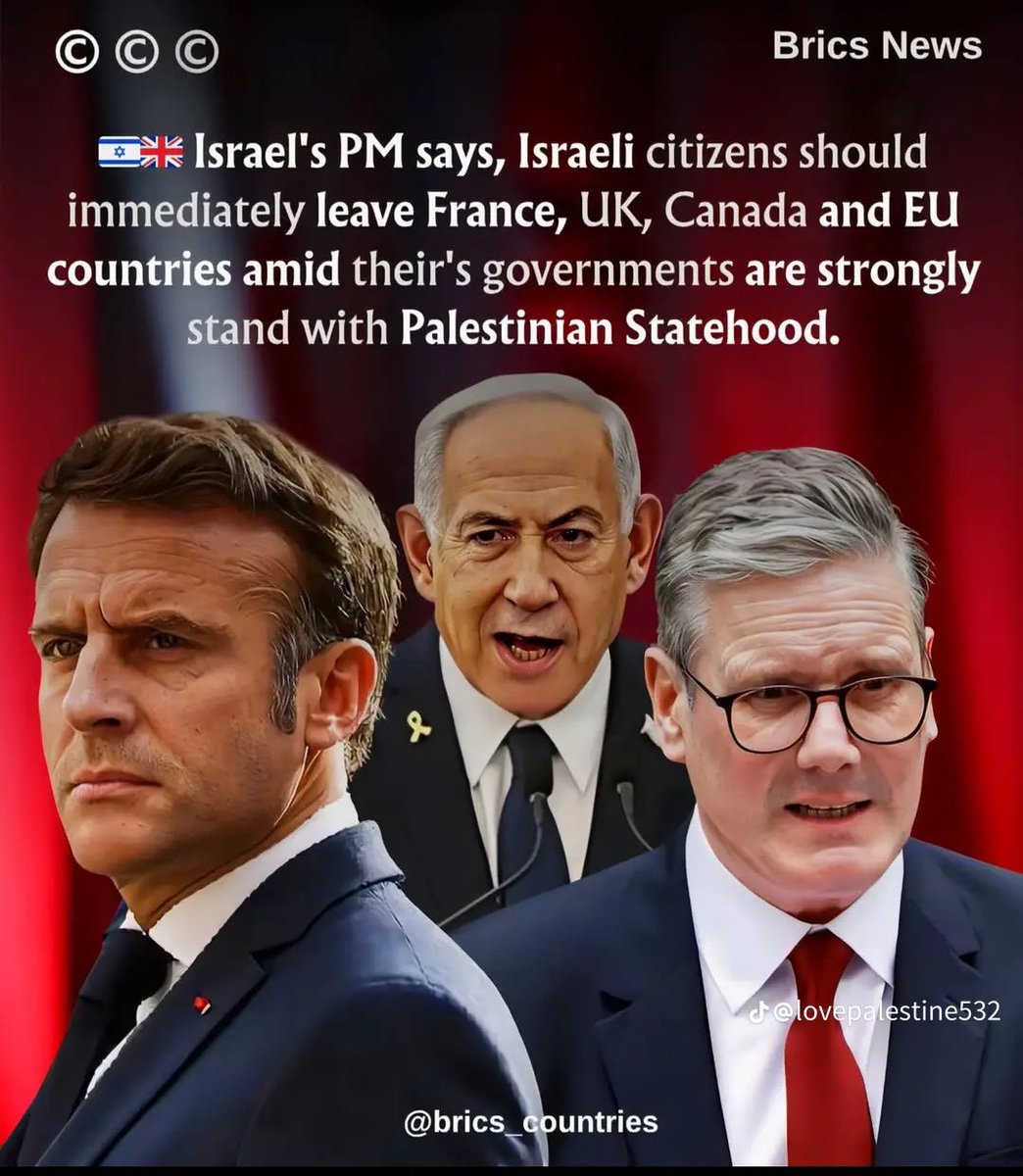 🚨🇮🇱⚠️ Netanyahu reportedly urges Israeli citizens to leave France, UK, Canada &amp; EU — as these countries increasingly support Palestinian statehood.