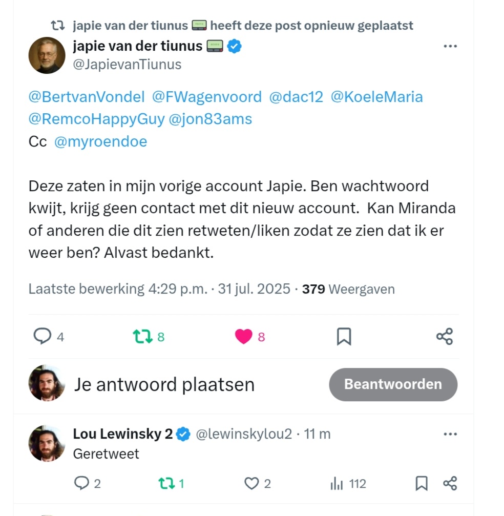 Lou Lewinsky 2 (@lewinskylou2) on Twitter photo <a href="/FWagenvoord/">Freddy</a> <a href="/JapievanTiunus/">japie van der tiunus 📟</a> <a href="/BertvanVondel/">Bert....jawel😉 #teamvlees</a> <a href="/dac12/">Diana Liefveld</a> <a href="/KoeleMaria/">Maria amsterdamse❌❌❌</a> <a href="/RemcoHappyGuy/">Remco 🎗</a> <a href="/jon83ams/">Jon83ams</a> <a href="/myroendoe/">Miranda 🎗️</a> Dit staat er. Maar hij heeft de ergste shadow ban. Pas als je naar zijn account toegaat kan je het lezen. Doe eens niet, <a href="/X/">X</a>. <a href="/FWagenvoord/">Freddy</a> <a href="/JapievanTiunus/">japie van der tiunus 📟</a> <a href="/BertvanVondel/">Bert....jawel😉 #teamvlees</a> <a href="/dac12/">Diana Liefveld</a> <a href="/KoeleMaria/">Maria amsterdamse❌❌❌</a> <a href="/RemcoHappyGuy/">Remco 🎗</a> <a href="/jon83ams/">Jon83ams</a> <a href="/myroendoe/">Miranda 🎗️</a> Dit staat er. Maar hij heeft de ergste shadow ban. Pas als je naar zijn account toegaat kan je het lezen. Doe eens niet, <a href="/X/">X</a>.