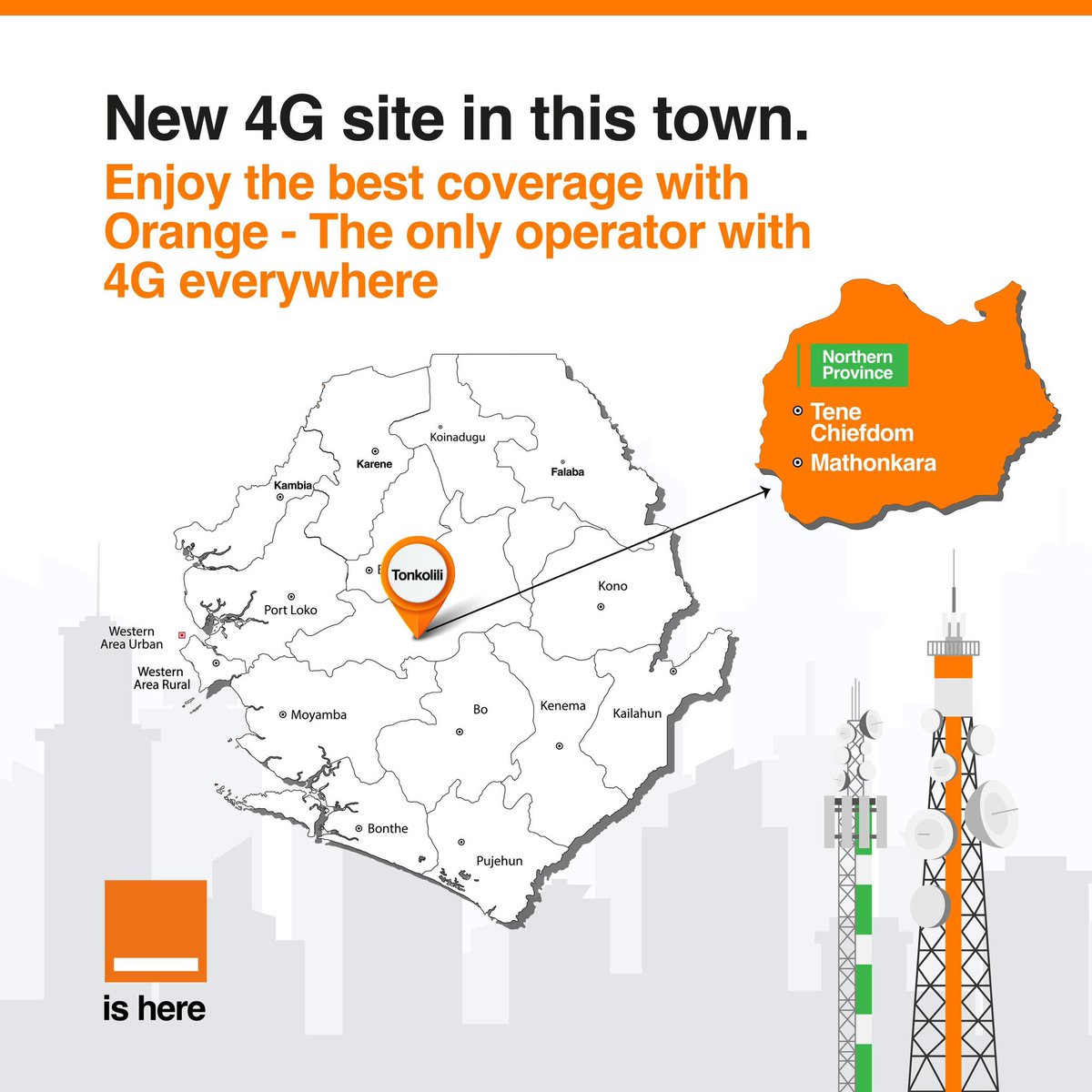 New Orange 4G Site in This Town.

Mathonkara, Tene Chiefdom, Tonkolili.

Enjoy the best network with Orange - the only operator with 4G everywhere.

Orange dey ya!

#orangesl #orangeishere