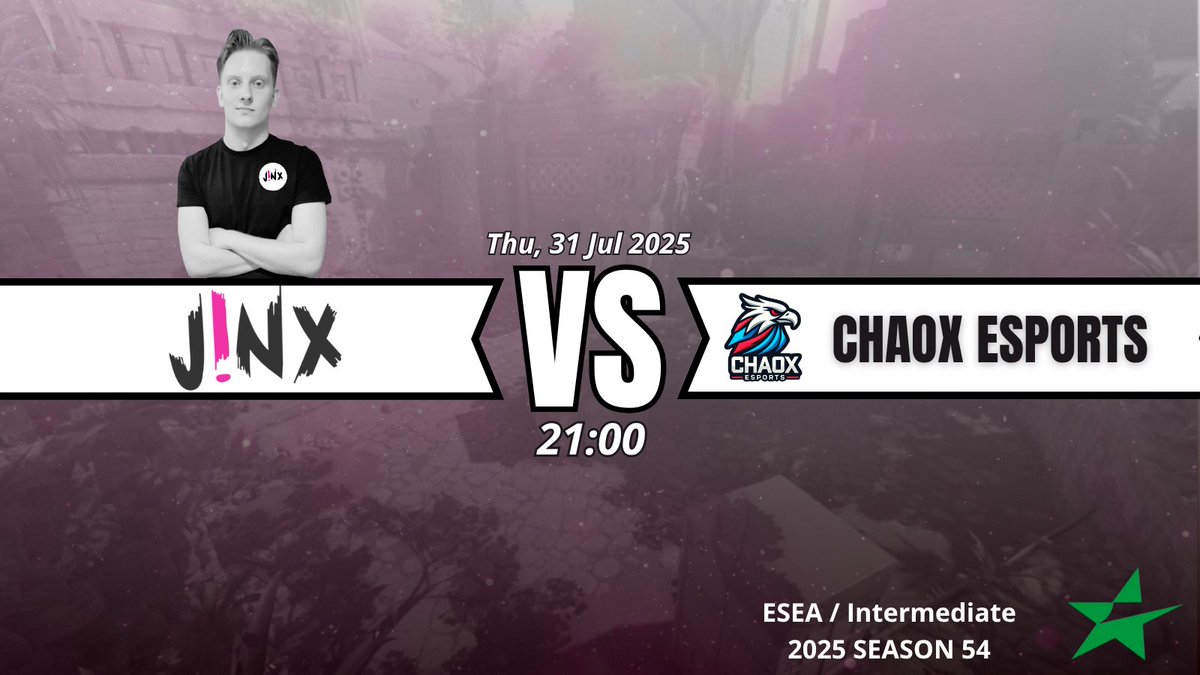 j!nX (@jinxesport) on Twitter photo 🚨GAMEDAY!!! 🚨
Tonight at 21:00
j!nX vs <a href="/ChaoX_eSPORTS/">ChaoX eSPORTS</a>
<a href="/ESEA/">ESEA League</a> Intermediate
📺 Stream: twitch.tv/fusionx
🎙️ Caster: <a href="/FusionxCS/">Fusion</a>
Let’s gooo!
#CS2 #ESEA #JinxEsport #Gameday 🚨GAMEDAY!!! 🚨
Tonight at 21:00
j!nX vs <a href="/ChaoX_eSPORTS/">ChaoX eSPORTS</a>
<a href="/ESEA/">ESEA League</a> Intermediate
📺 Stream: twitch.tv/fusionx
🎙️ Caster: <a href="/FusionxCS/">Fusion</a>
Let’s gooo!
#CS2 #ESEA #JinxEsport #Gameday