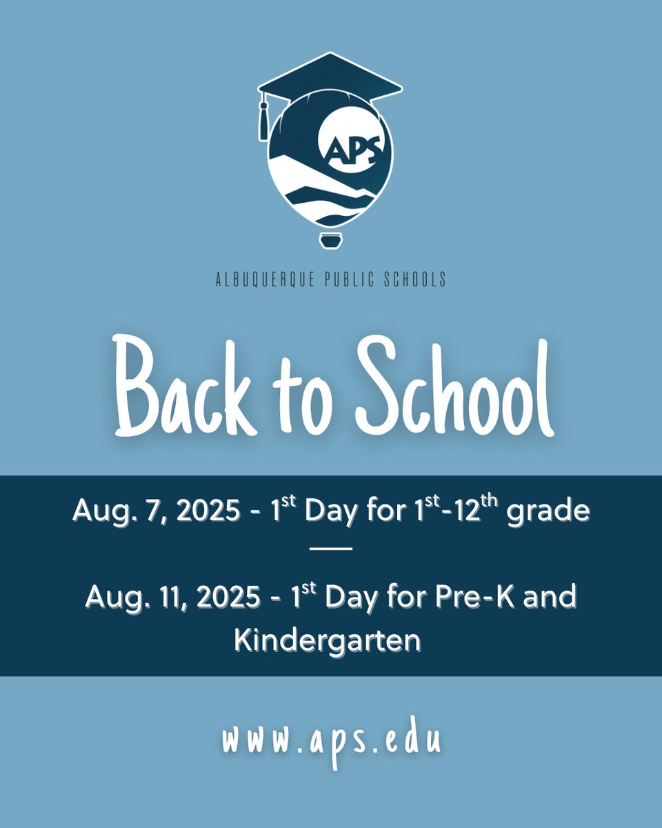 ABQschools's tweet photo. Can you believe it?! 😲 School starts in ONE WEEK!
We're getting classrooms ready, buses fueled up and smiles on standby—we can't wait to see you!
📅 Aug. 7, 2025 - 1st Day for 1st-12th grade
📅 Aug. 11, 2025 - 1st Day for Pre-K and Kindergarten
#APSBackToSchool #APSstrong https://t.co/DXfDgZ2YNM