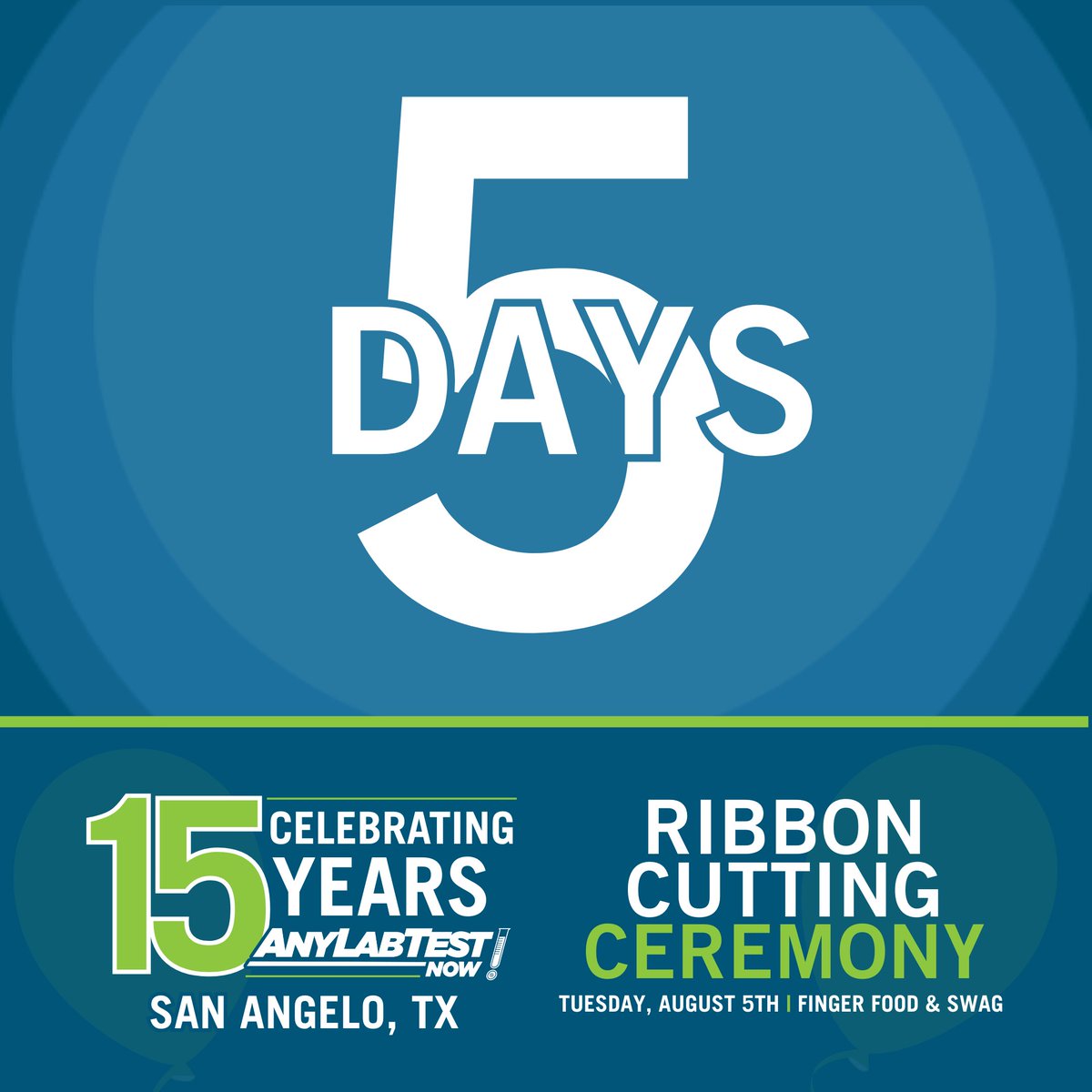 AnyLabTestSJT's tweet image. Only 5 days left before our Ribbon Cutting. Mark your calendars! #RibbonCutting #AnyLabTestsNowSanAngelo #15yearsstrong #August5th