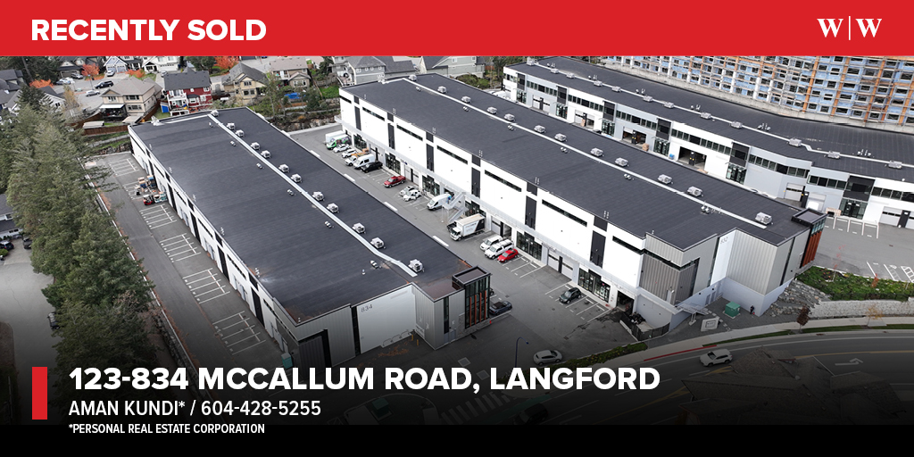 SOLD: 123-834 McCallum Road, #LangfordBC | William Wright Commercial is pleased to have represented the Purchaser in the sale of Unit 123 834 McCallum Road, a ± 5,062 SQFT industrial strata unit at IntraUrban Cornerstone. Agent: Aman Kundi PREC.

#WilliamWrightCommercial #YYJRE