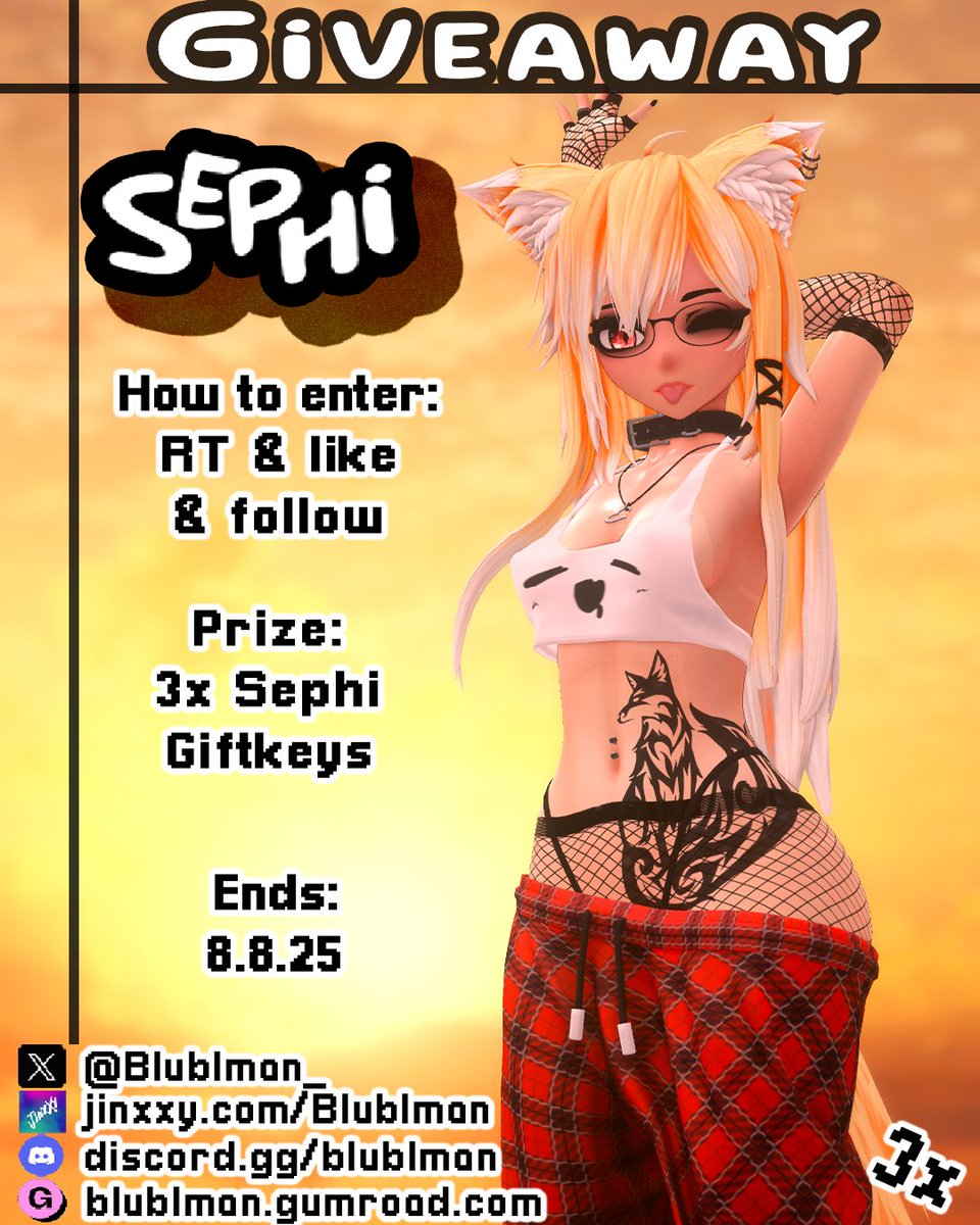 Heyo,
its been a while since i was active on here, so i'm doing a birthday giveaway to get back into it! 

I'm giving away a Sephi avatar to 3 separate people, all you gotta do is follow, like &amp; rt.

Imma be posing more stuff from now on again too!(probably ill try)
#vrchat #vrc