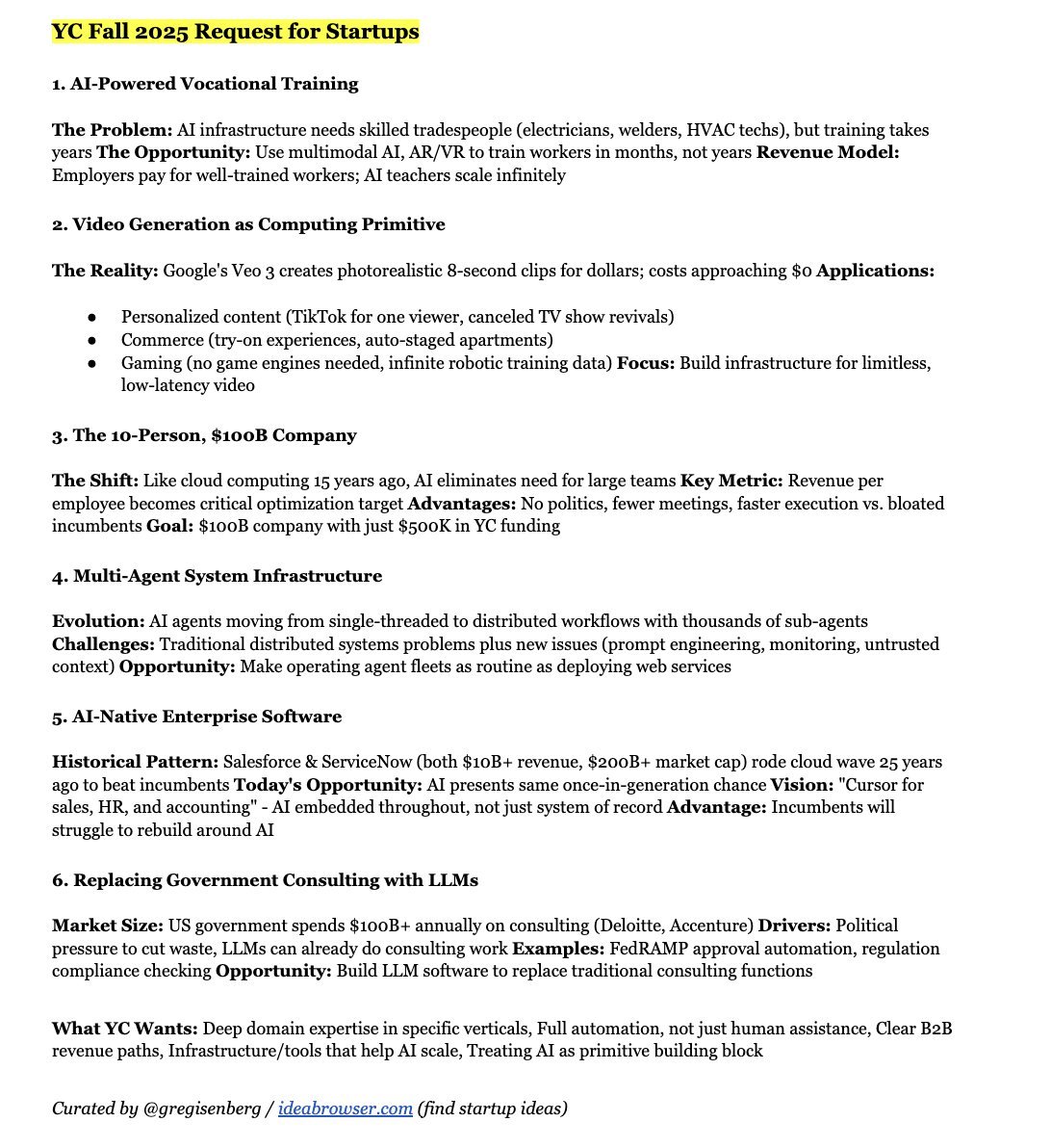 YC announced their requests for startups they want to fund next in 2025, and here's my take on it:

Prologue:
Do not start a business just to get into YC. Reading this list should not give you ground 0 inspiration for your idea. It should validate an idea you were already