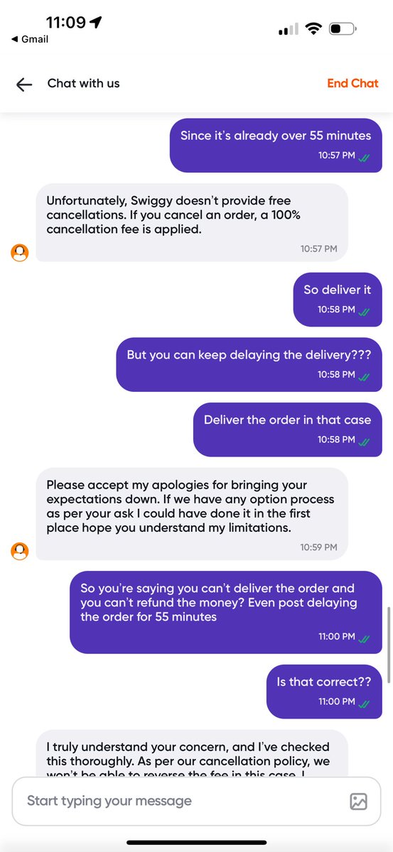 So I order from <a href="/Swiggy/">Swiggy Food</a> for a party. They make me wait for an hour and tell me they can find a delivery partner. I cancel my order. They charge me full cancellation fee . This is tragic and comical at the same time #uninstallswiggy