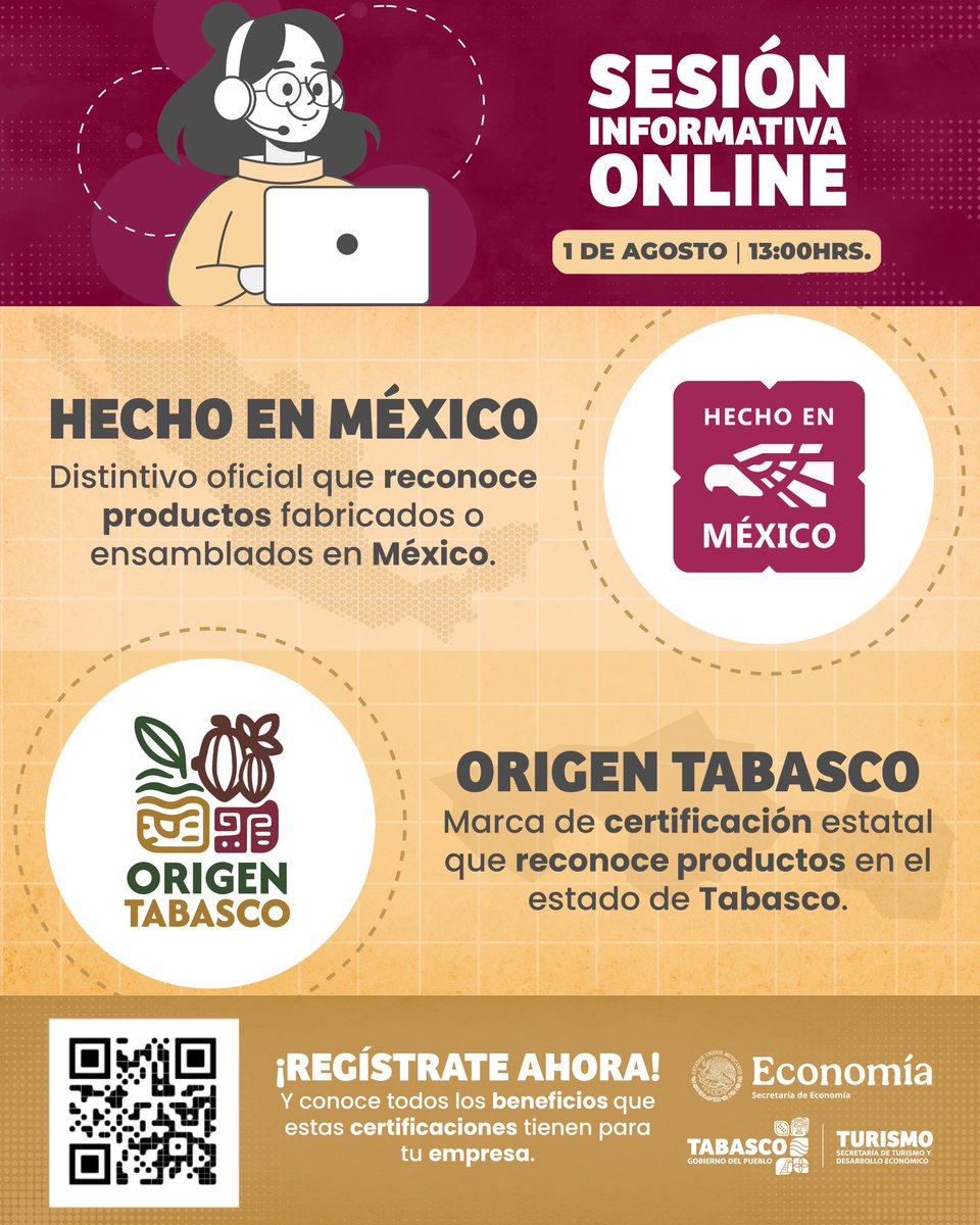 📣 ¡Que el mundo sepa que tu producto es tabasqueño!🌎🌿

Este 01 de agosto a las 13:00 h, acompáñanos en la sesión online sobre los distintivos Hecho en México y Origen Tabasco.

🔗 Regístrate y conoce sus beneficios: docs.google.com/forms/d/e/1FAI…

#TurismoTabasco #OrigenTabasco