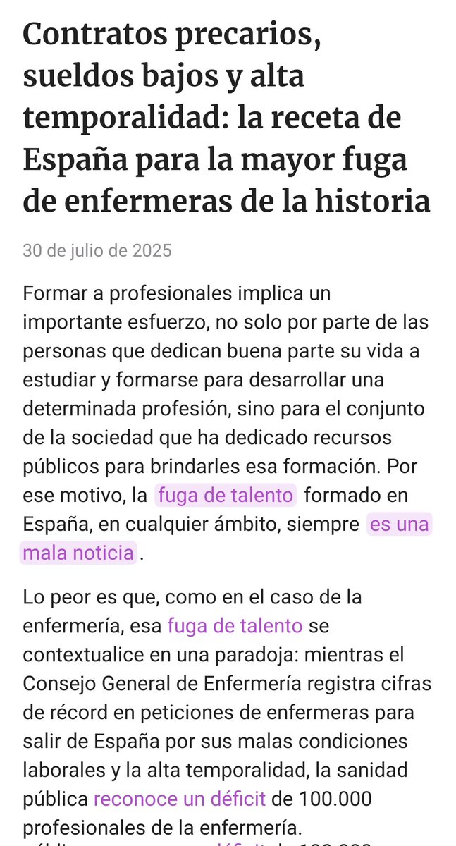 <a href="/Monica_Garcia_G/">Mónica García</a> <a href="/sanidadgob/">Ministerio de Sanidad</a> <a href="/Haciendagob/">Ministerio de Hacienda</a> <a href="/DignaEnfermeria/">EnfermeríaDigna</a> <a href="/CatInfermeres/">Infermeres de Catalunya</a> #EnfermerA1ya se va el talento. En breve la sanidad no tendrá Enfermeras si las tratáis así. <a href="/empleogob/">Ministerio Trabajo y Economía Social</a>