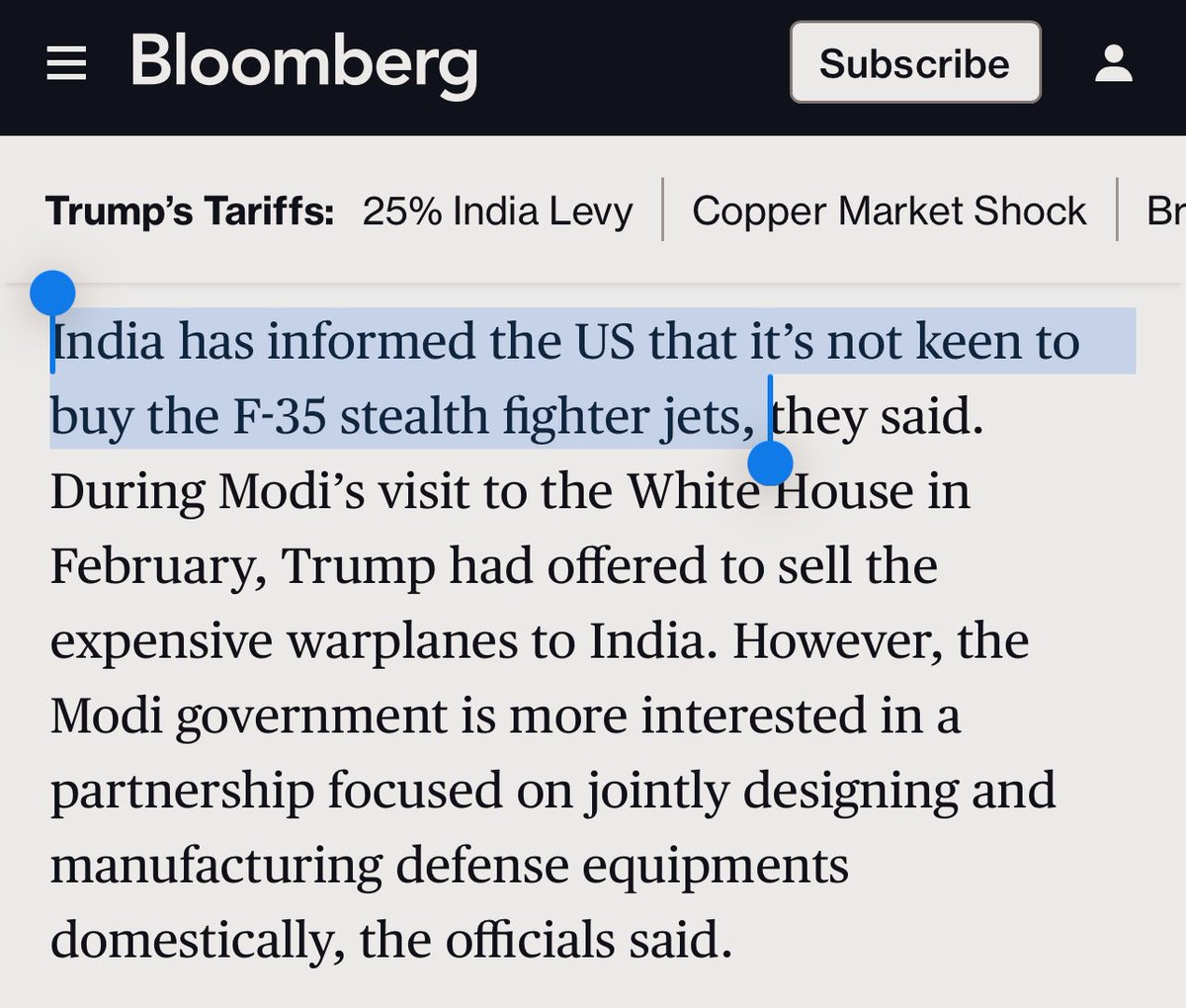 BREAKING ⚠️

India has informed the US it is not keen to buy F-35 stealth fighters, Bloomberg reports. bloomberg.com/news/articles/…