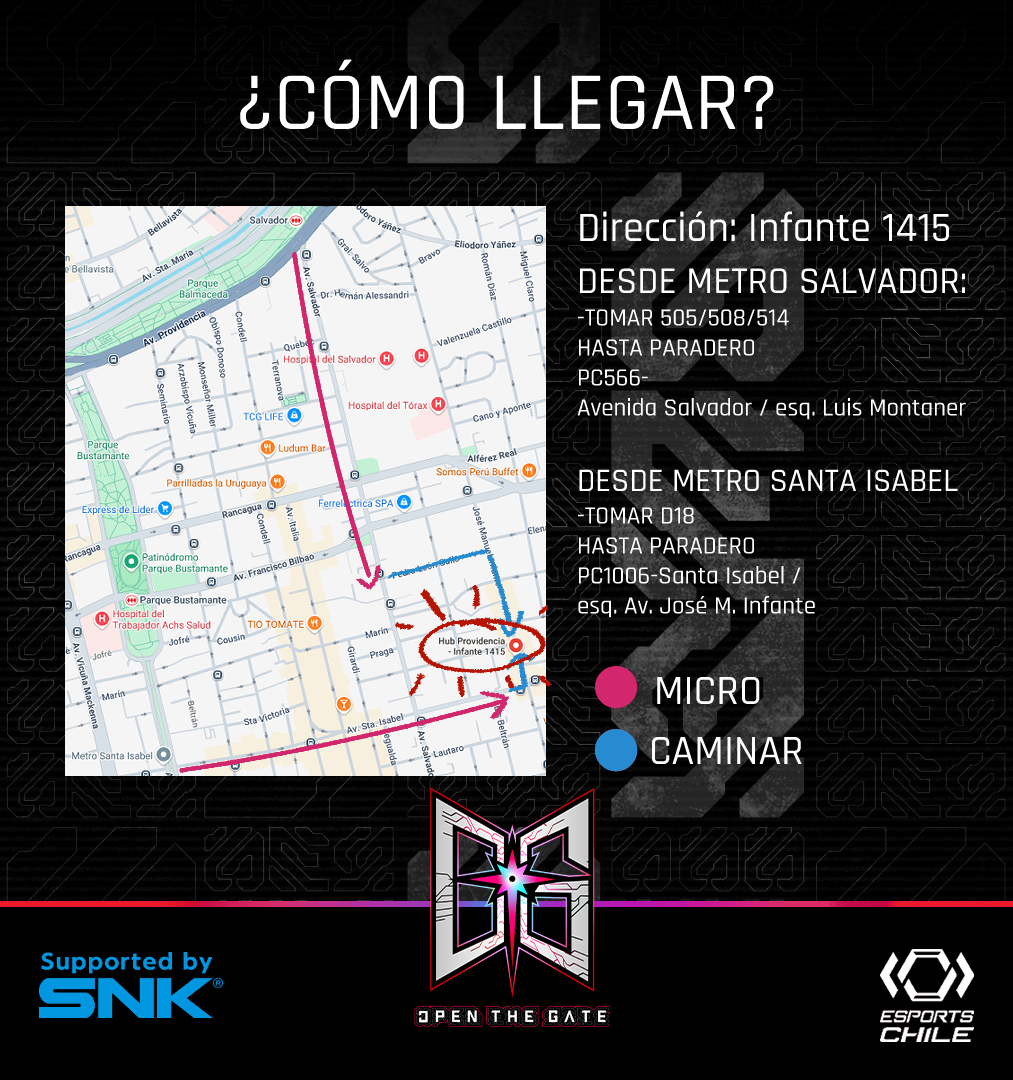 [UBICACIÓN]

Estás son las indicaciones de como llegar al HUB PROVIDENCIA!! 

Se puede llegar desde metro Salvador u metro Santa Isabel, desde ahí pueden tomar micro o caminar hasta el venue, por favor vean la imagen para más detalles!!